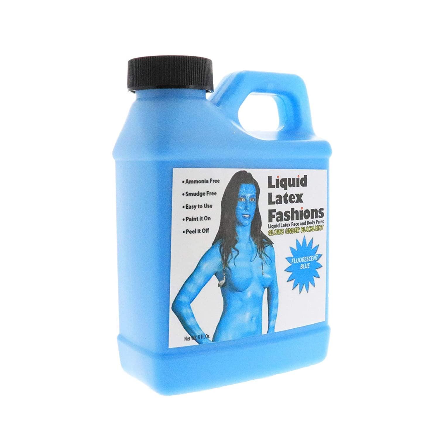 Liquid Latex Fashions Fluorescent Blue 8 Oz - Liquid Latex Face and Body Paint, Black Light UV Reactive GLOW, Ideal for Cosplay, Costumes, Concerts, Halloween and Theater, Parties!