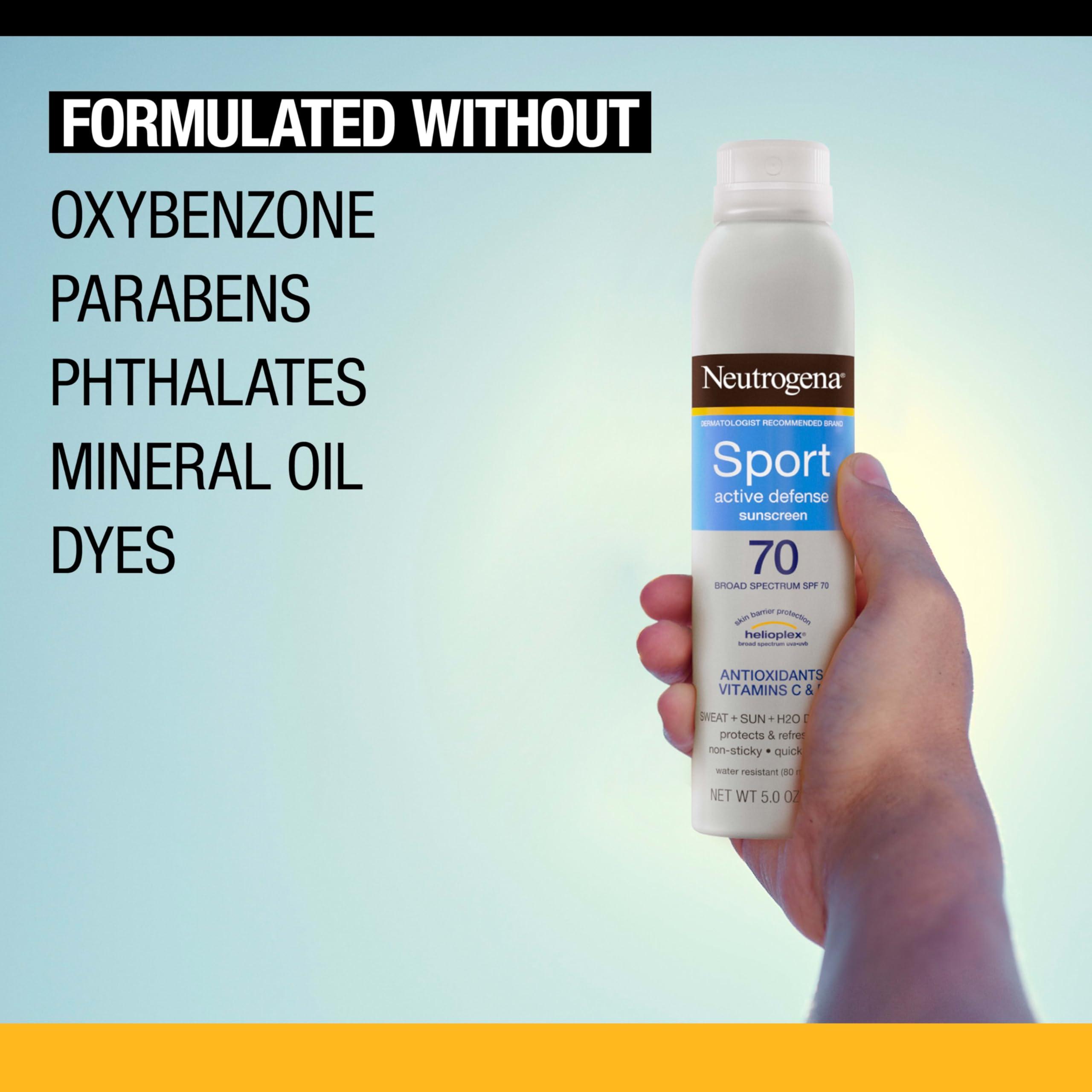 Neutrogena Neutrogena Sport Active Defense SPF 70 Sunscreen Spray, Sweat & Water Resistant Spray Sunscreen with Broad Spectrum Protection for Sunburn Prevention, Oxybenzone-Free, Twin Pack, 5 oz, 2 Pack