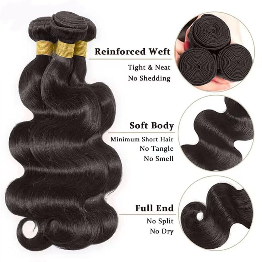 InsQueen 3 Bundles Human Hair 10A 100% Unprocessed Brazilian Virgin Human Hair Body Wave (18 20 22 Inch, Natural Black)