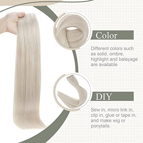 Fshine Fshine Blonde Weft Hair Extensions Human Hair 20 Inch 100 Gram White Blonde Sew in Hair Extension Double Weft Straight Real Human Hair Bundle for Women