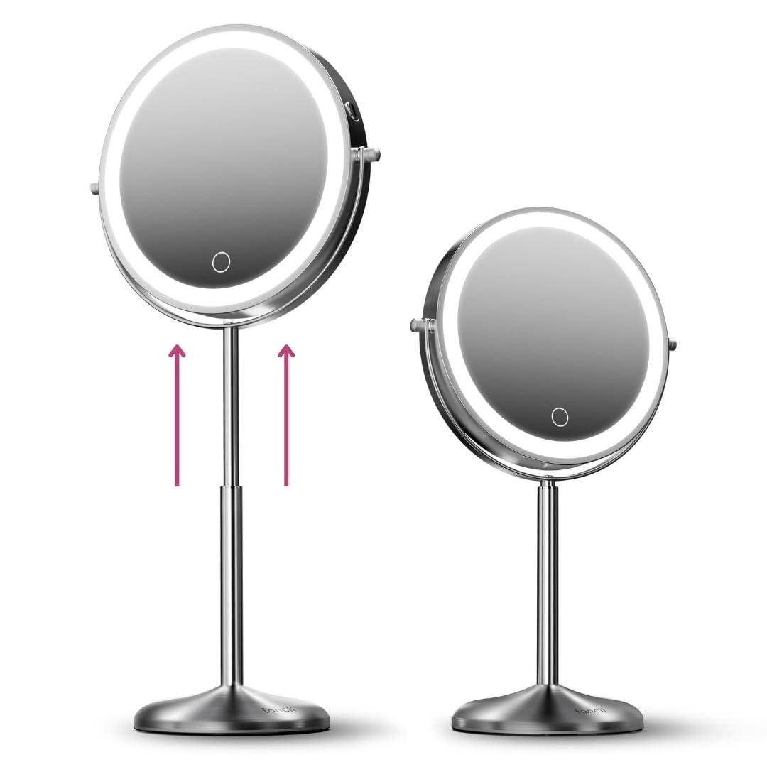 Fancii Fancii 8 Inch Lighted Makeup Mirror with Magnification, 10X /1X - Height Adjustable, Rechargeable, Double Sided LED Vanity Mirror with Light and Stand, 360 Swivel (Hailey)