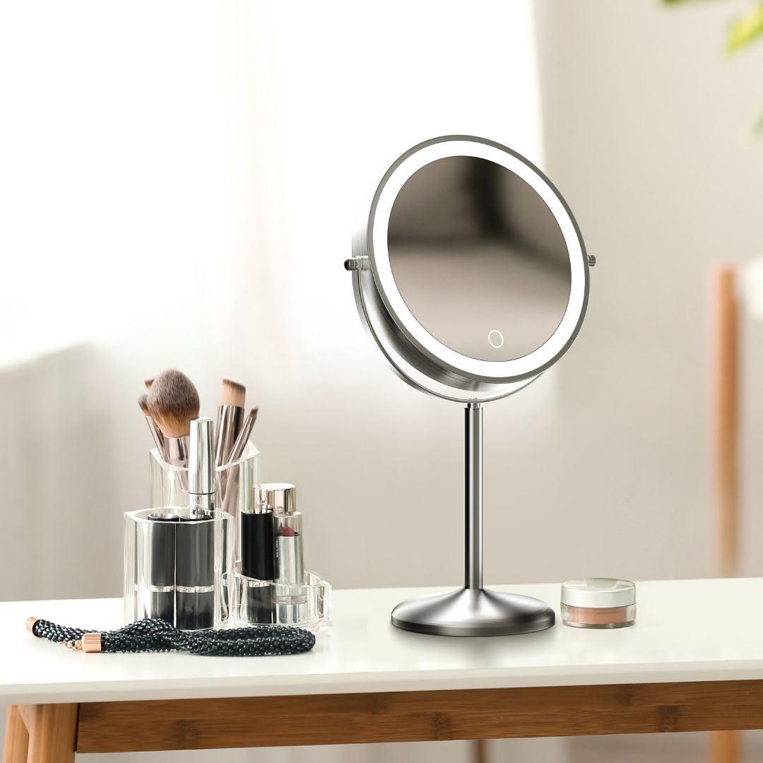 Fancii Fancii 8 Inch Lighted Makeup Mirror with Magnification, 10X /1X - Height Adjustable, Rechargeable, Double Sided LED Vanity Mirror with Light and Stand, 360 Swivel (Hailey)