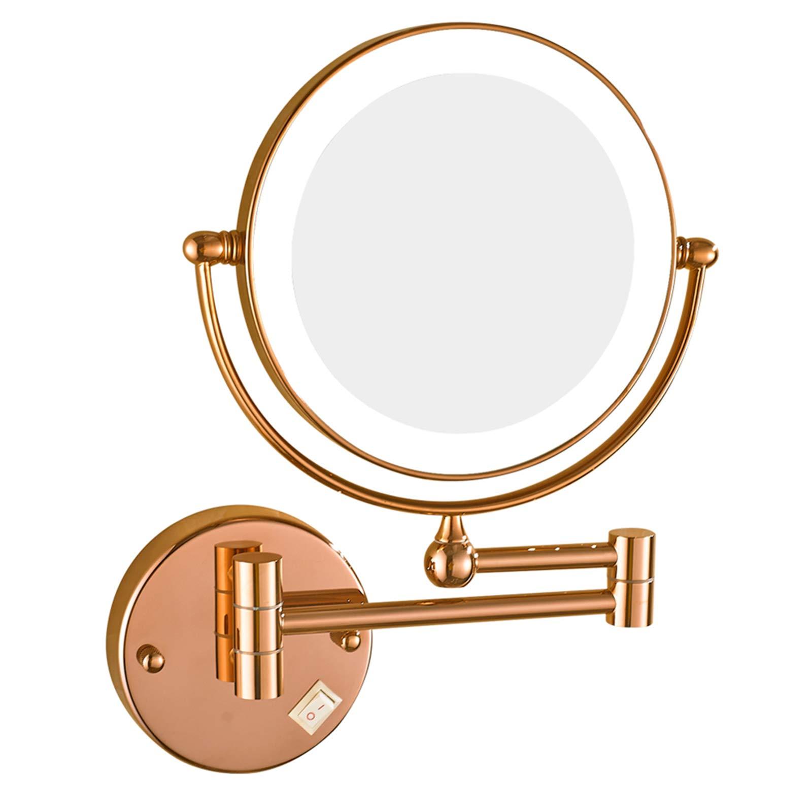 DMNSDD 8 inch Illuminated Makeup Mirror, Double Sided Magnification Mirror with LED Light, Bathroom Extendable Wall-mounted Vanity Shaving Mirror with Switch Plug,Rose gold,3X