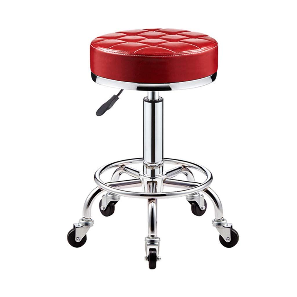ZHOUXIAO Ottoman Rolling Stool with Wheels, Swivel Height Adjustment Stool,PU Leather Thick Seat Chair Stool Spa Drafting Salon Tattoo Work Office Massage Stools (red)