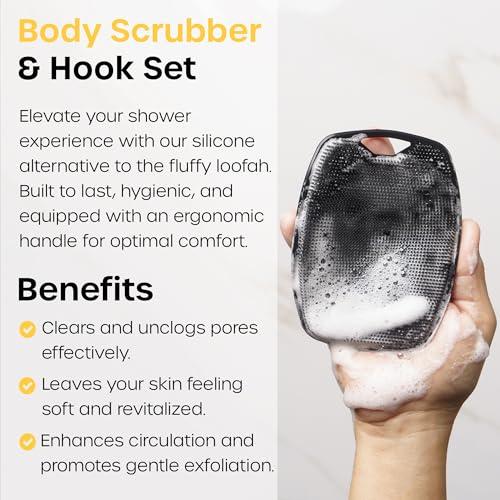 Vanibiss The Man Body Scrubber & Hook - Silicone Body Scrubber for Men - Shower Scrubber for Men - Silicone Body Buffer Hygienic & Easy to Clean - Soft Bristles & Non-Slip Handle - Body Washing Brush (1 Set)