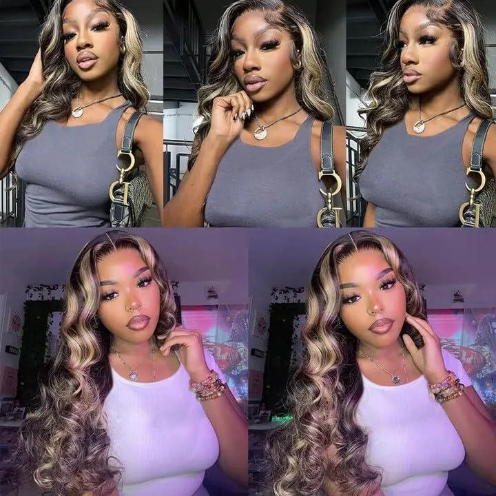 NiegMeag Blonde Bundles Human Hair Highlight Body Wave Hair Weave Brazilian Grade 8A Virgin Hair Extensions 14 16 18 Inch 2 Tone Black Mixed With Honey Blonde Body Wave Hair Weave