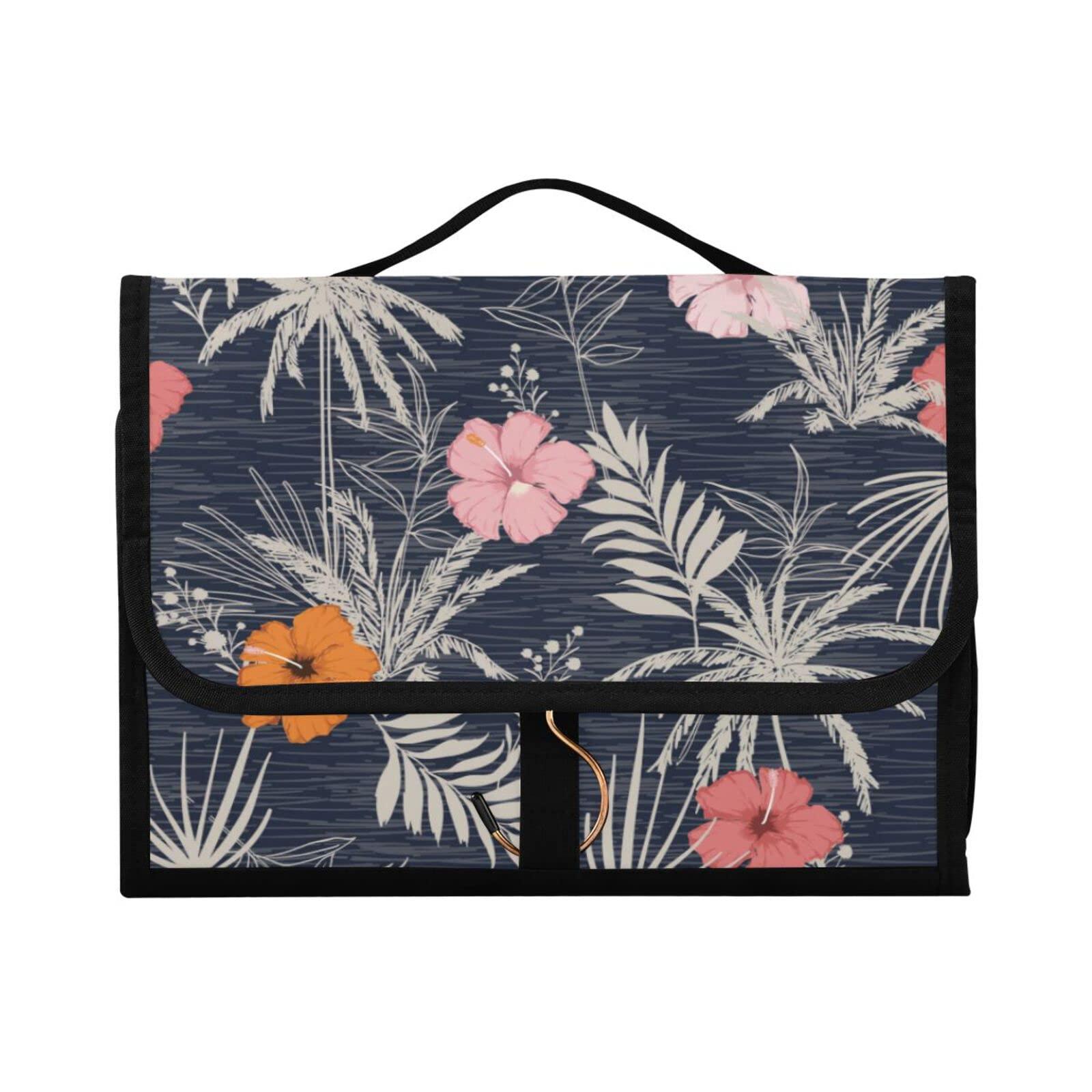 Oyihfvs Trendy Hawaii Tropical Exotic Hibiscus Flowers with Palm Leaves 3 PCs Set Toiletry bags, 1 Women\'s Travel Cosmetic Bag, 1 Hanging Toiletry Wash Bag, 1 Brush Case, Portable Makeup Storage Case