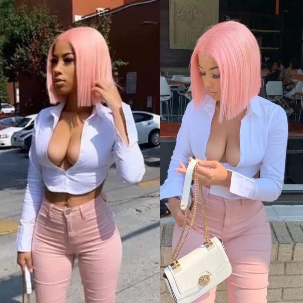 Blonlier Real Human Hair Bob Wigs, Glueless Lace Front Wig, Pre Plucked with Baby Hair, Short Pink Colored Bob, for Black Women, 14 inch Straight 150% Density Full Ends