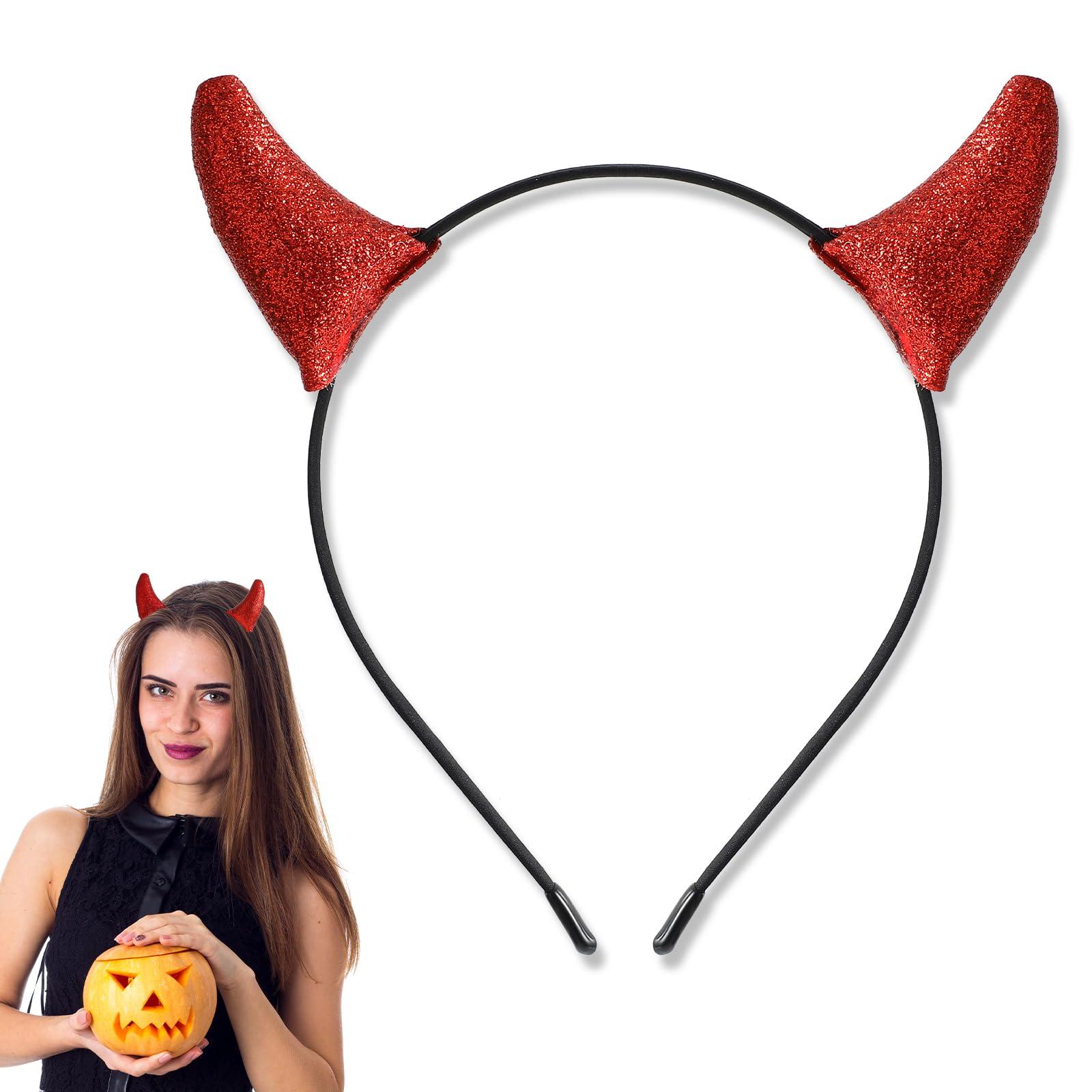 Teaaha Glitter Devil Horns Headband Red Halloween Devil Ears Headband Tiefling Horns Cosplay Costume Accessories for Women Men,Fancy Dress Cosplay and Demon Devil Themed Parties Hairband (Red)
