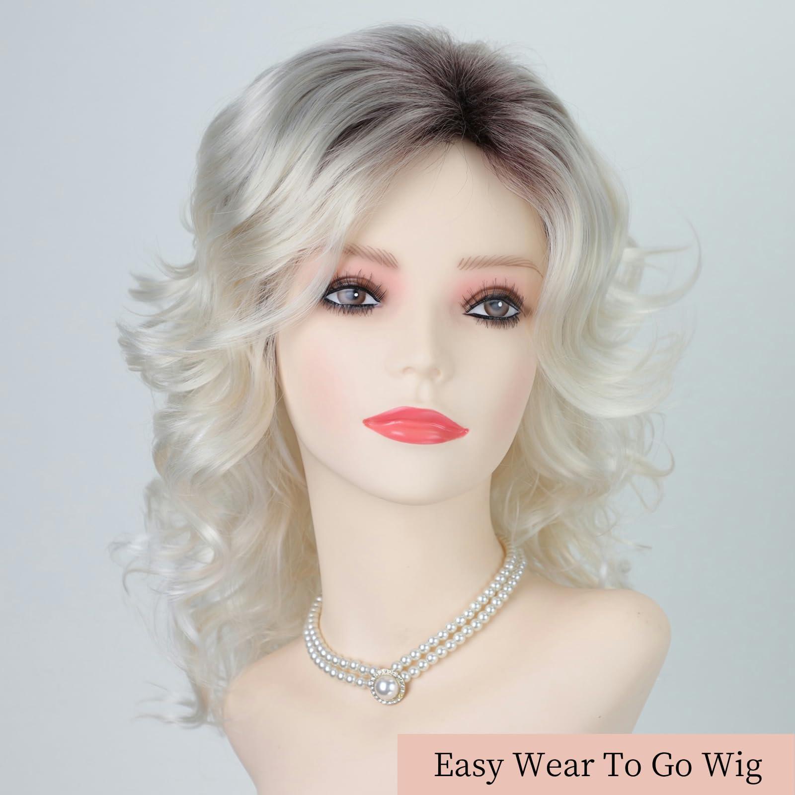 RENERSHOW RENERSHOW Medium Platinum Blonde Curly Wigs for White Women Ombre Blonde Wavy Wig Side Part Synthetic Hair Replacement Wig