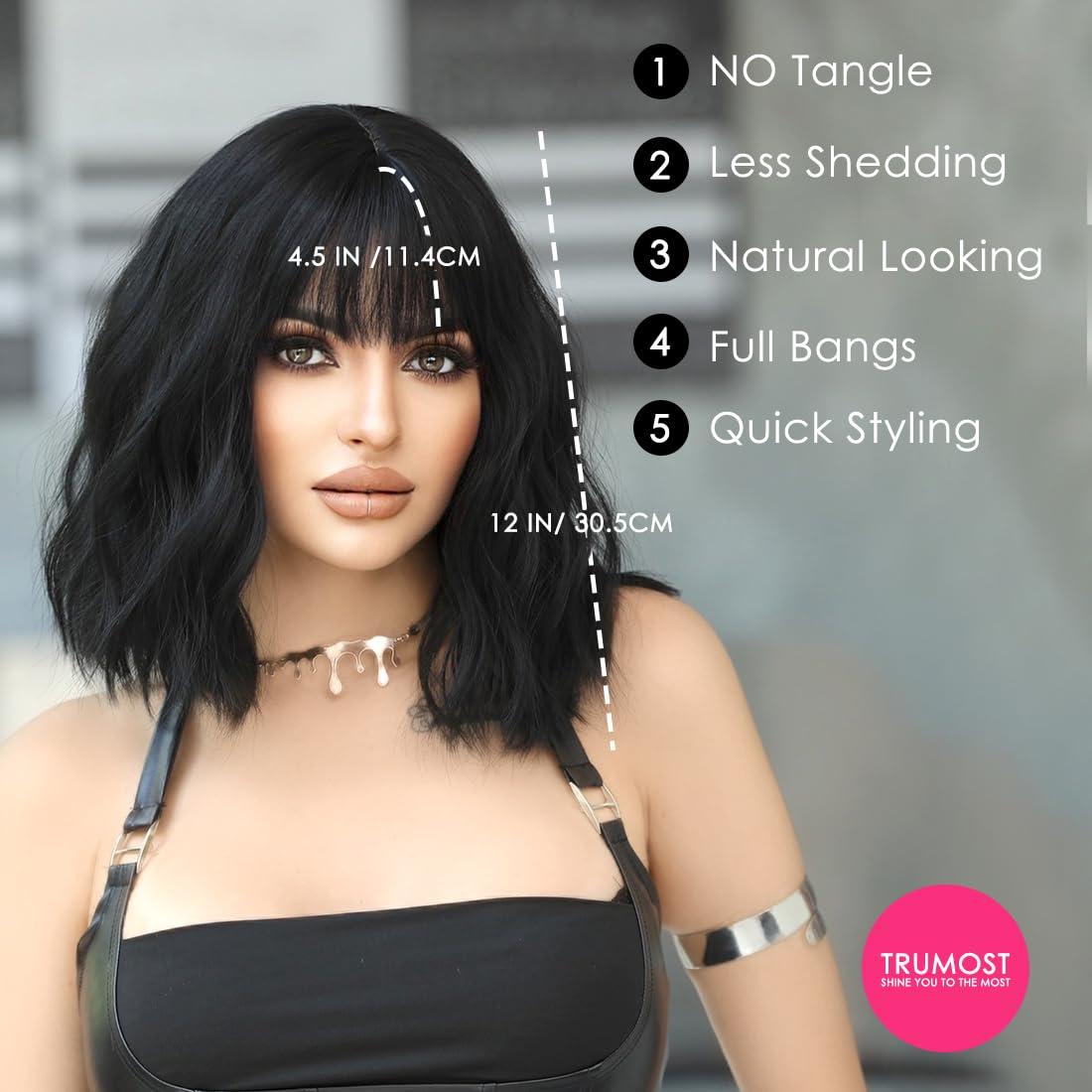 TRUMOST TRUMOST Black Short Wave Wigs with Bangs - Synthetic Realistic Shoulder Length Wavy Wig, Heat Resistant Natural Wig for Women Girls Daily Party Cosplay Use 12 in