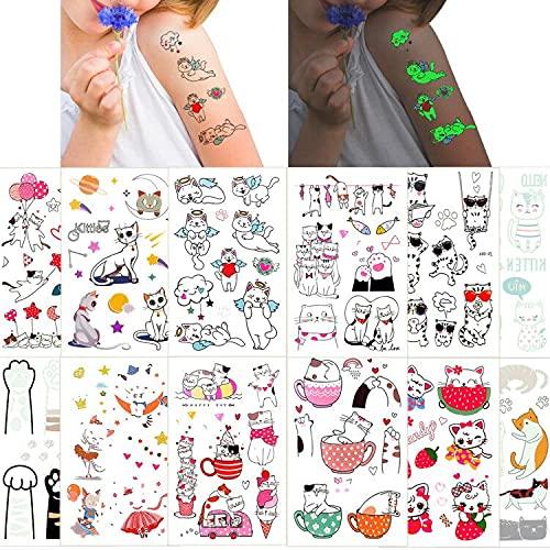 Fanoshon Fanoshon Cat Face Tattoos Temporary for Kids, 12 Sheets Small Halloween Glow in the Dark Cat Paw Kitten Waterproof Body Stickers Birthday Party Favor Goody Bag Fillers,Cartoon Pet Tattoo Sticker Set