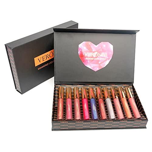 VERONNI VERONNI Diamond Glitter Lipstick Set, 10 Pcs Shimmer High Pigment Lip Gloss,Metallic Liquid Lipstick Long Lasting Waterproof Lip Gloss Makeup Kit,10pcs Lip Makeup Gift Set(10pcs together)