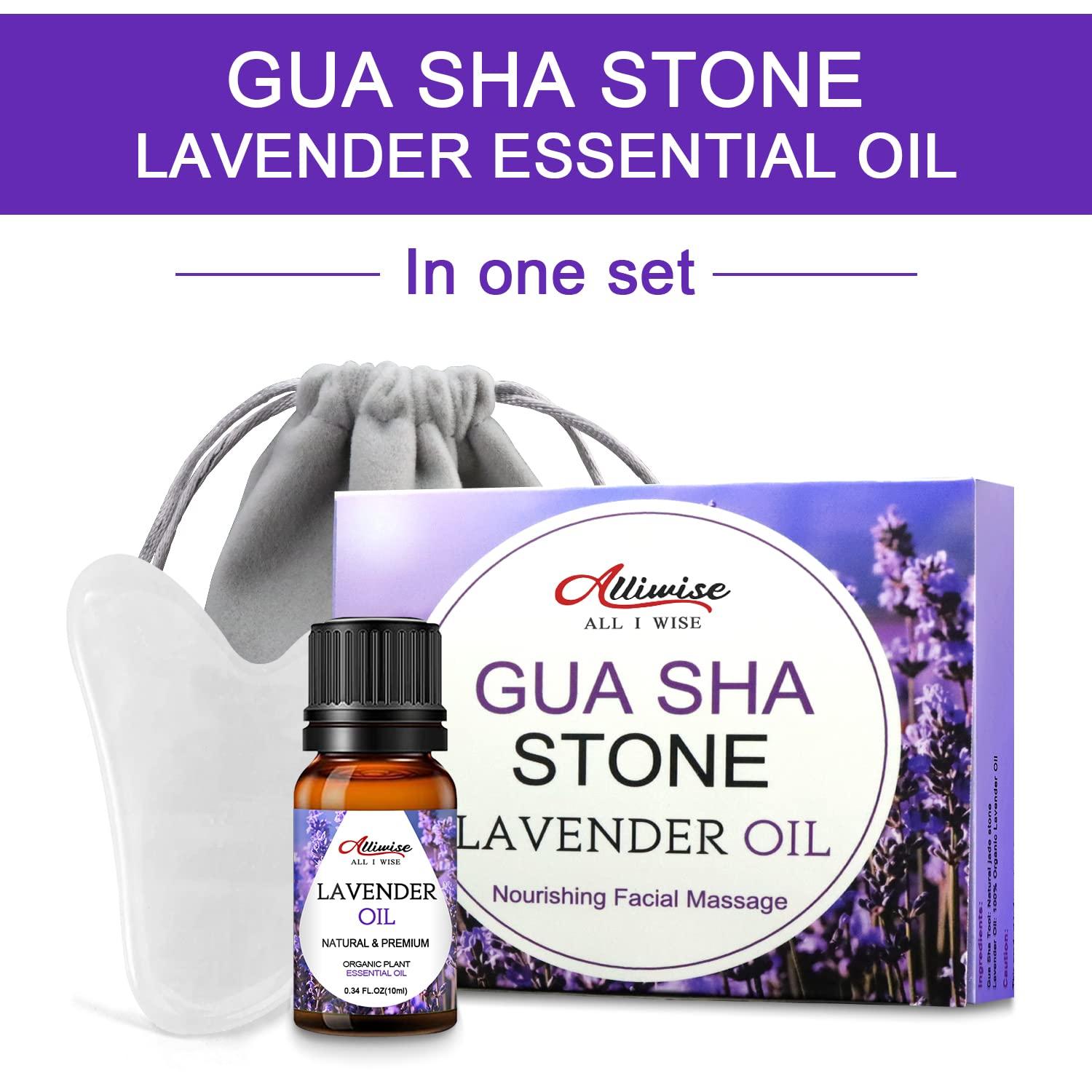 Alliwise Gua Sha Facial Tools & Lavender Oil Skin Care Massage Sets, Natural Jade Gua Sha Stone for Reduces Puffiness and Fine Lines, Face Oil for GuaSha, Skin Moisturizing