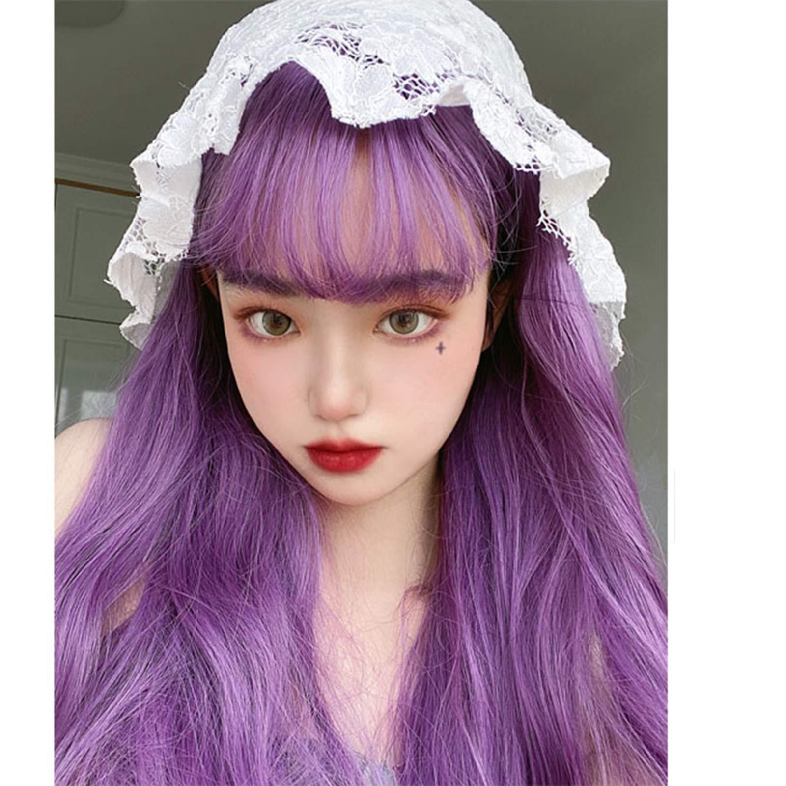 ZXCASDF ZXCASDF Wig Female, Purple Wig Long Hair, Lolita Natural Lifelike Long Straight Hair Harajuku Temperament COS Full Headgear, Breathable And Easy To Wear,Feather purple
