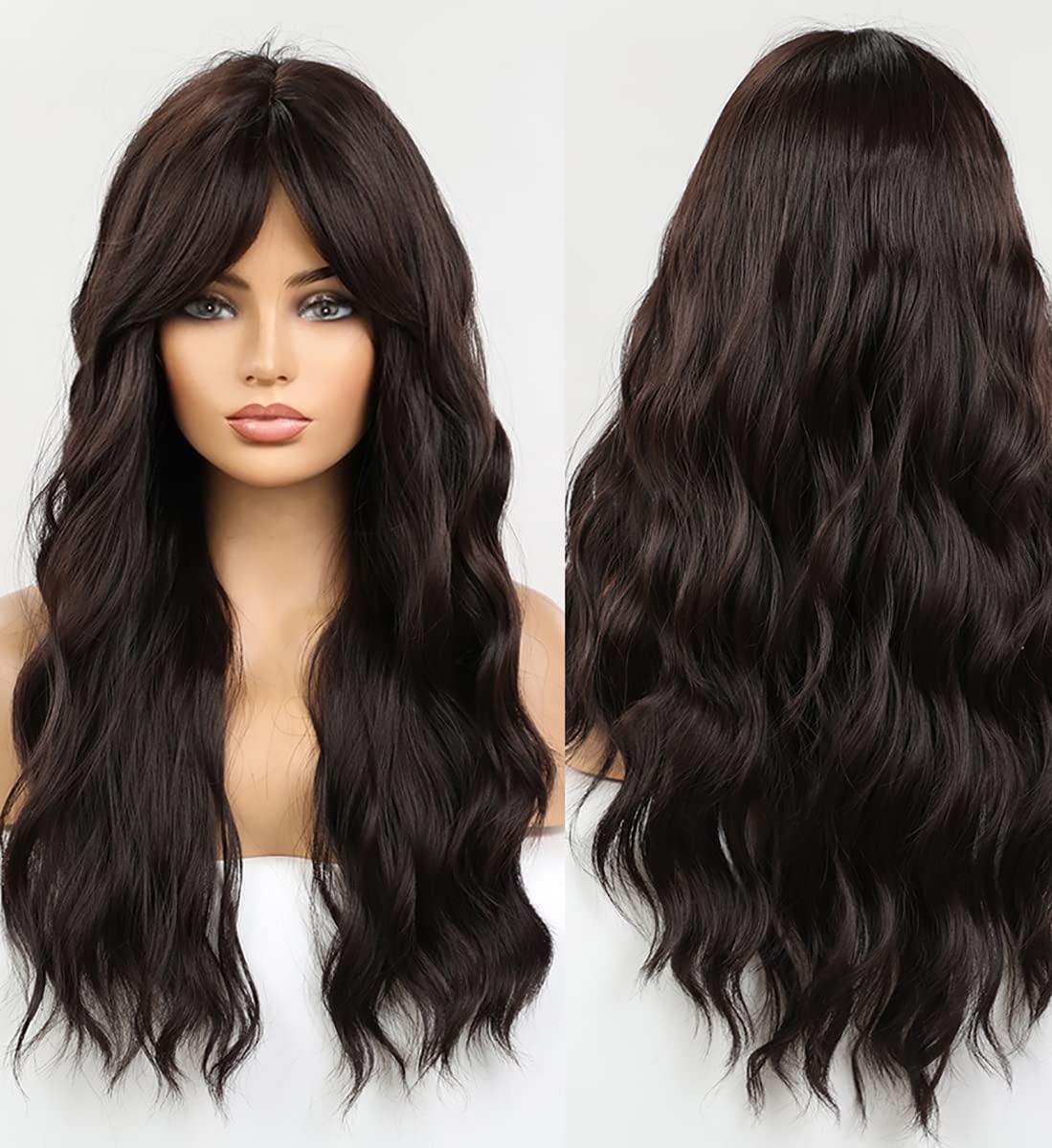 LANOVA LANOVA Dark Brown Wig with Side Bangs Synthetic Wigs for Women Chocolate Brown Long Curly Wig with Bangs 22 inch LANOVA-209