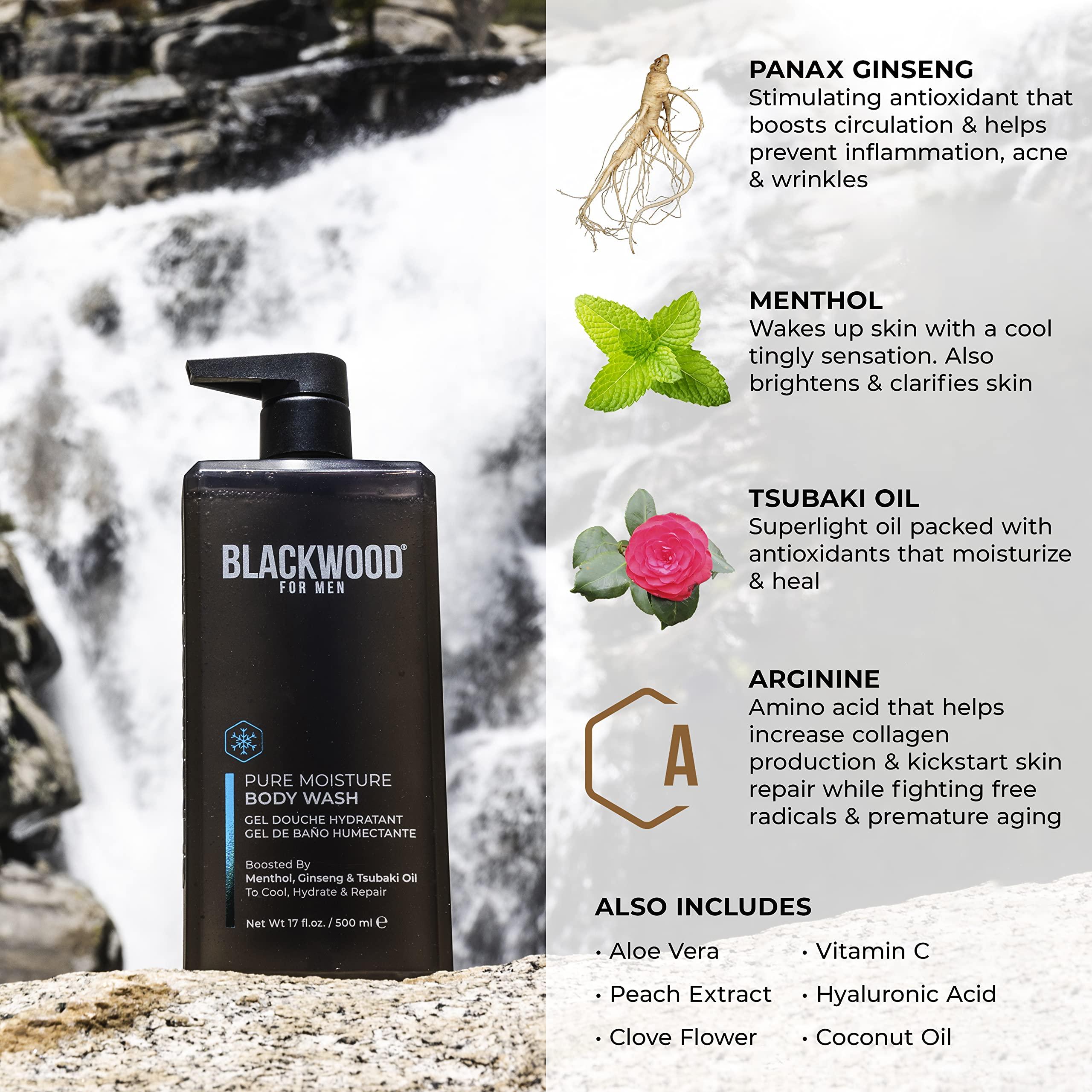 Blackwood For Men Blackwood For Men Hydroblast Moisturizing Shampoo (17oz), Pure Moisture Body Wash (17oz), and BioNutruent Foaming Face Wash (4.45oz) Bundle for Men