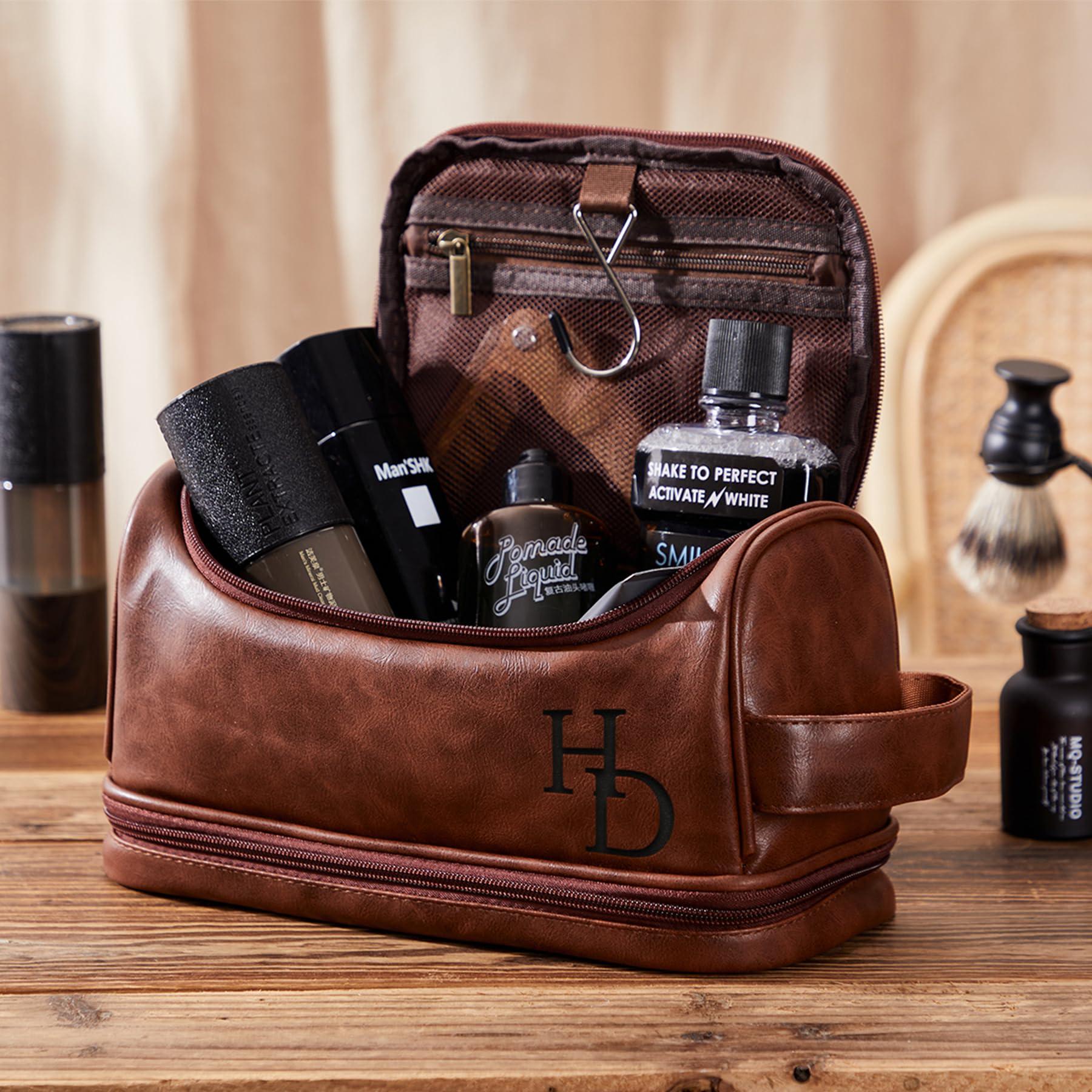 Munidow Munidow Personalized Toiletry Bag For Men, Customed Travel Bag with Hook, Handcrafted Leather Shaving Dopp Kit, Engraving Name Surprise for Groomsmen/Anniversary/Birthday/Husband/Dad -Brown