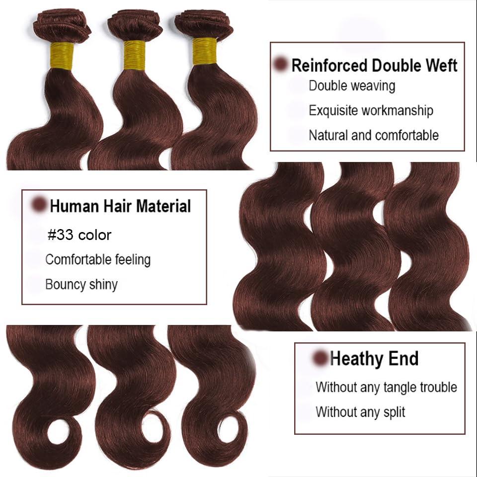 Lukcttr Copper Brown Bundles Color #33 Body Wave Human Hair Bundles Brazilian Virgin Hair 14 14 14 Inch Reddish Brown Body Wave Bundles Human Hair #33 Copper Red Bundles