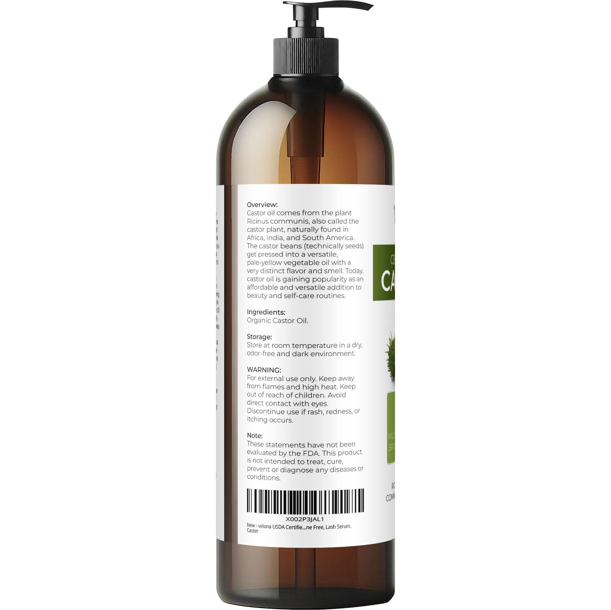 velona velona USDA Certified Organic Castor Oil - 32 oz | For Hair Growth, Boost Eyelashes, Eyebrows | Cold pressed, Natural Oil, USP Grade | Hexane Free, Lash Serum, Caster