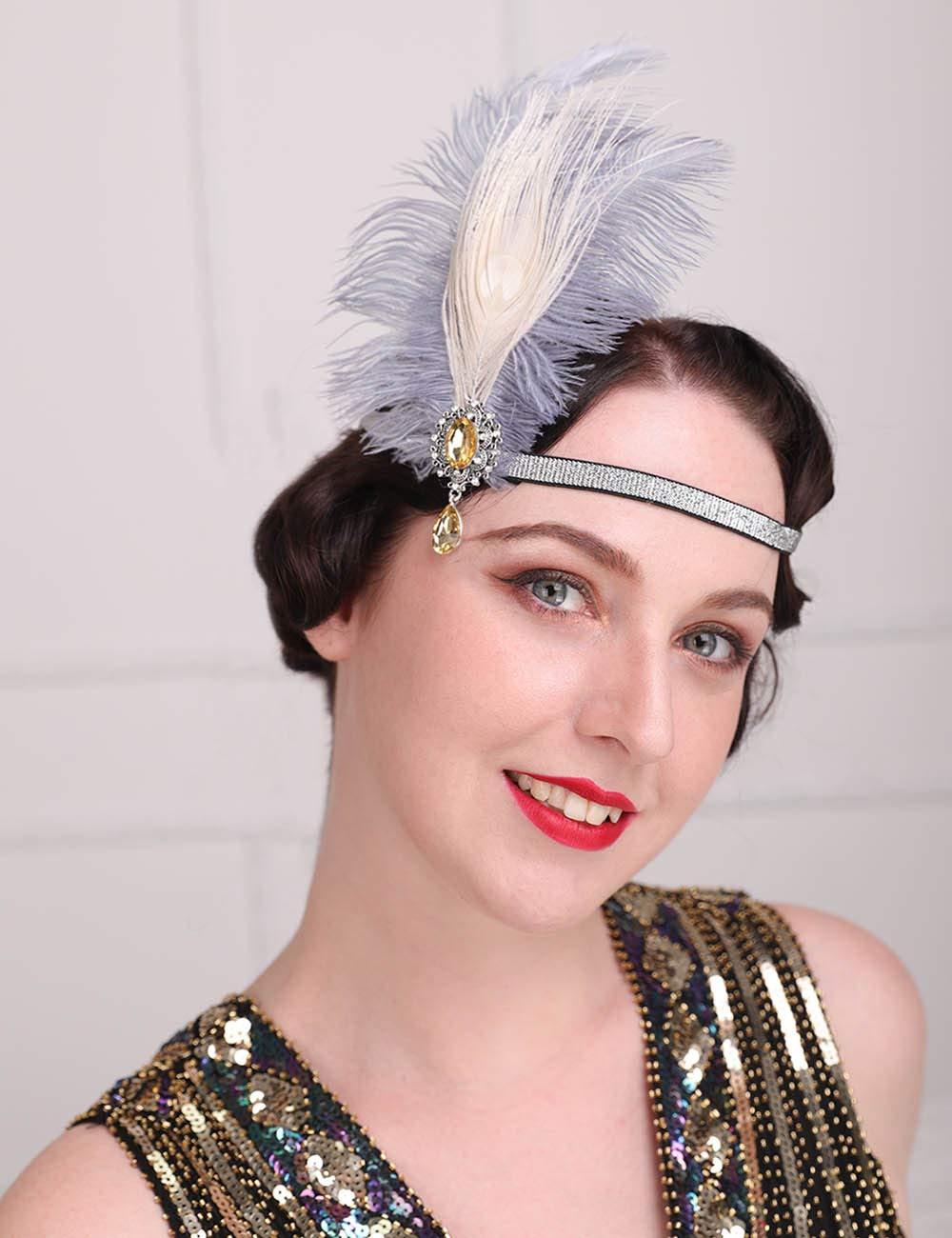 Aimimier Aimimier 1920s Flapper Peacock Feather Headband Gray with Elastic Band Crystal Teardrop Costume Themed Party Feather Headpiece Hair Accessories for Women