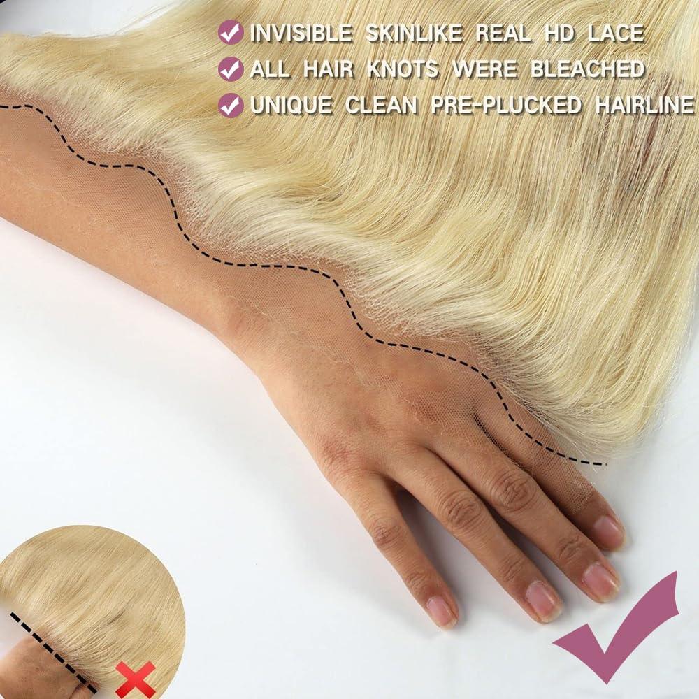 MSTOXIC 613 Frontal Straight 13x6 Transparent HD Lace Frontal Closure 12A Brazilian Virgin Remy Hair Free Part Ear to Ear Blonde Frontal Human Hair For Women Pre Plucked With Baby Hair 150% 20 Inch