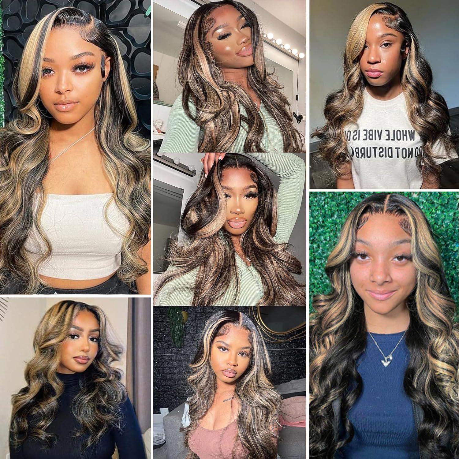 PDTBO PDTBO 34 Inch Ombre Lace Front Wig Human Hair Pre Plucked 1B/27 Highlight 13x4 Lace Front Wig Human Hair 180% Density HD Lace Frontal Wigs for Black Women Human Hair