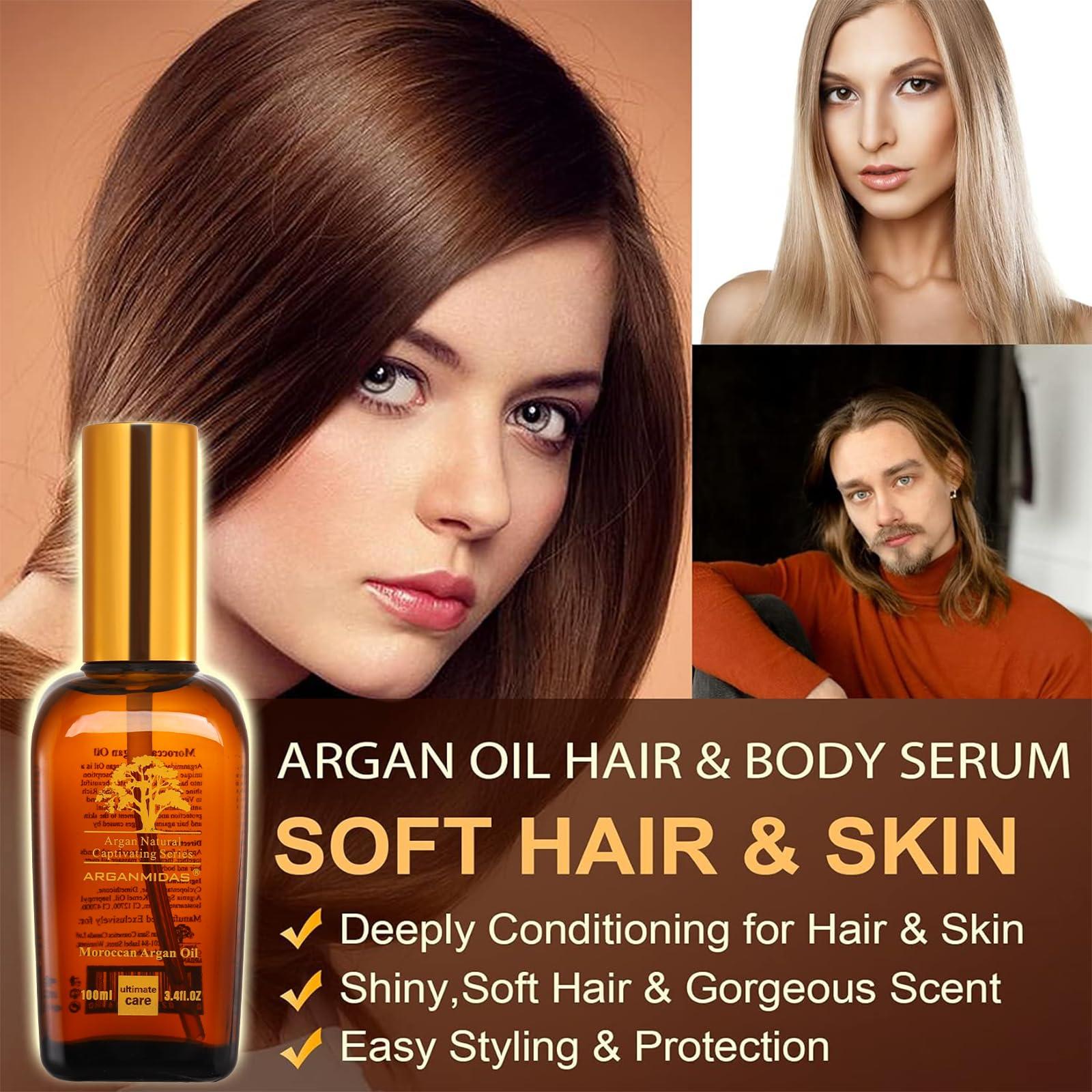 ARGANMIDAS ARGANMIDAS Hair Oils, Moroccan Argan Oil for Hair and Face Skin Moisturizer, Leave Hair Soft & Shiny, Hair Treatment oil for Men Women Dry Damaged Frizzy Hair, 3.4 Fl Oz