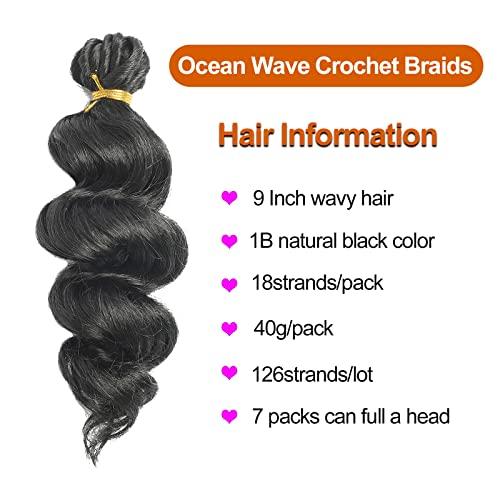Chicmoi 9 inch Ocean Wave Crochet Hair for Black Women Short Wavy Crochet Braids 126 Roots Pre Looped Deep Wave Crochet Hair 7 Packs Natural Black Ocean Wave Crochet Hair (9 Inch, 1B)