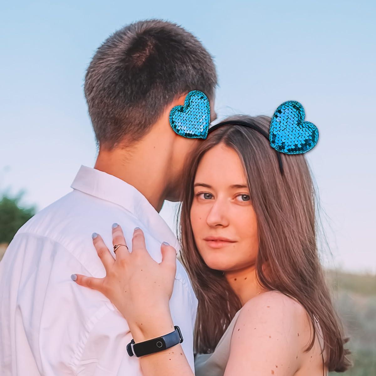 Doneace Valentines Day Headband Blue Glitter Heart Headband Sequin Heart Shape Hair Band Head Boppers Wedding Hair Hoop Party Hair Accessories for Women Girls Valentine\'s Day New Year Birthday Gift, 1Pack