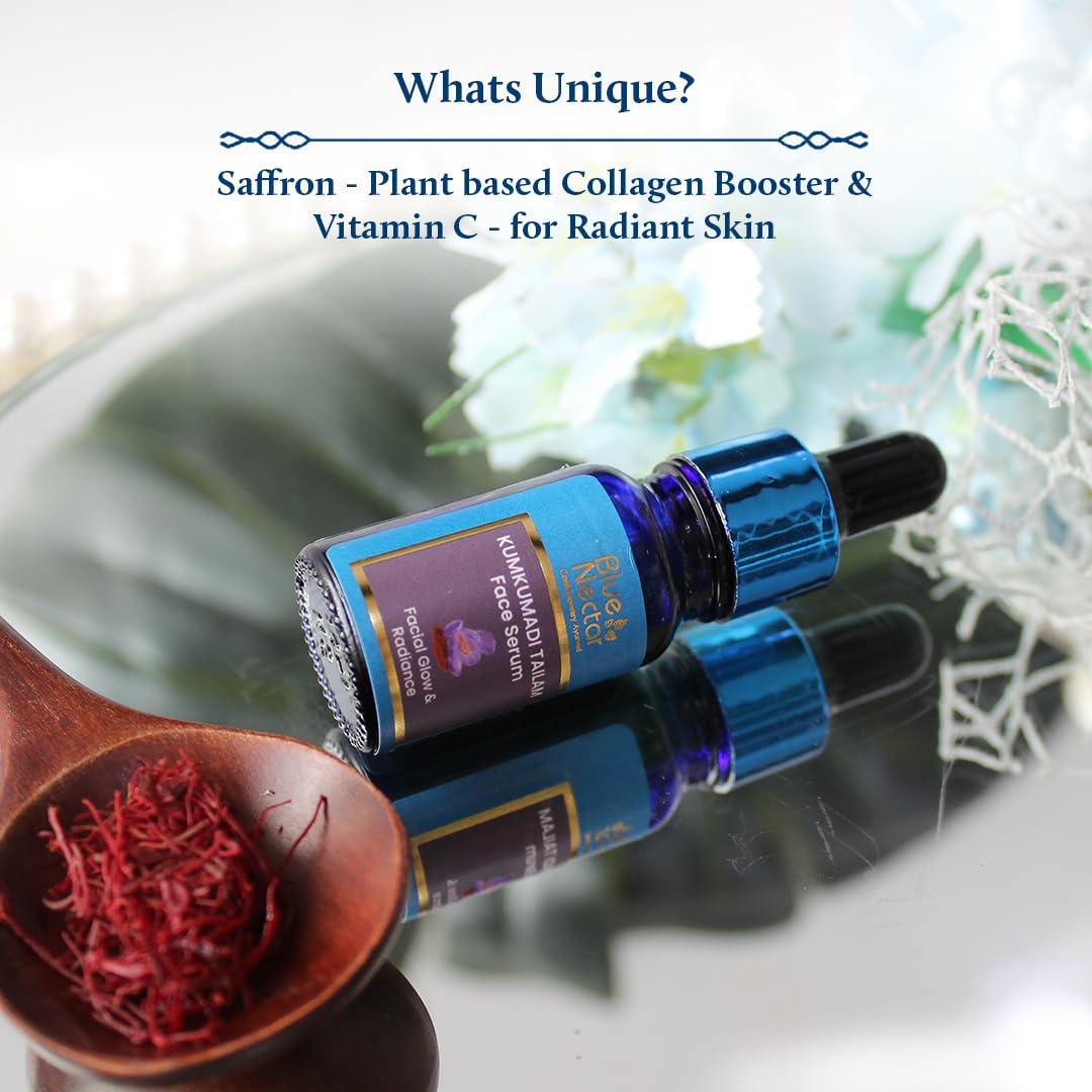 Blue Nectar Blue Nectar Saffron & Manjish Face Oil - Original Kumkumadi Oil for Face | Ancient Glow Serum Face Moisturizer for Glowing Skin | Plant-Based Collagen Booster for Women & Men (26 Herbs, 1Fl Oz)