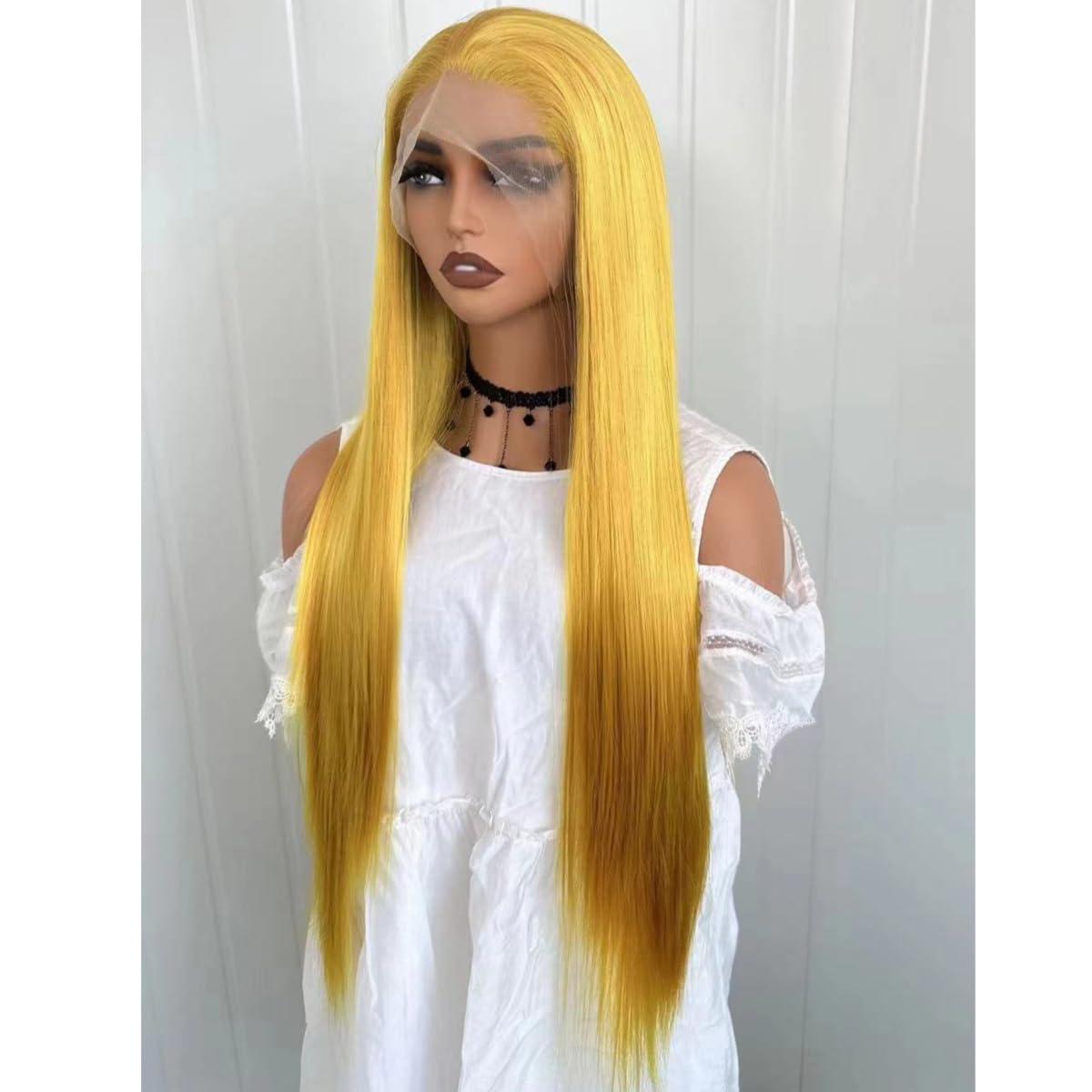Greenmirr Greenmirr Yellow Lace Front Wig 13X4 Lace Long Straight Heated Synthetic Golden Blonde Lace Wigs 24in