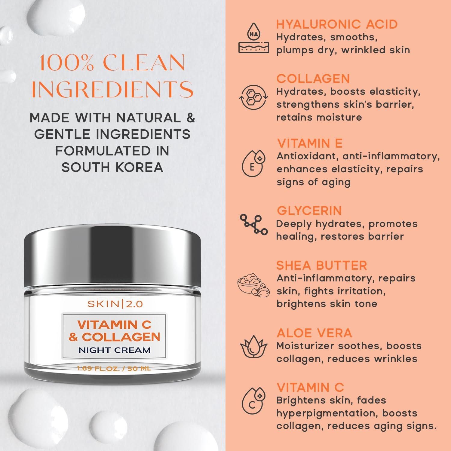 Skin 2.0 Skin 2.0 Korean Vitamin C & Collagen Face Moisturizer - Dermatologist Tested, Skin Tightening, Brightening - Anti-Aging, Clean Beauty, Cruelty-Free Korean Skincare for All Skin Types - 1.69 oz