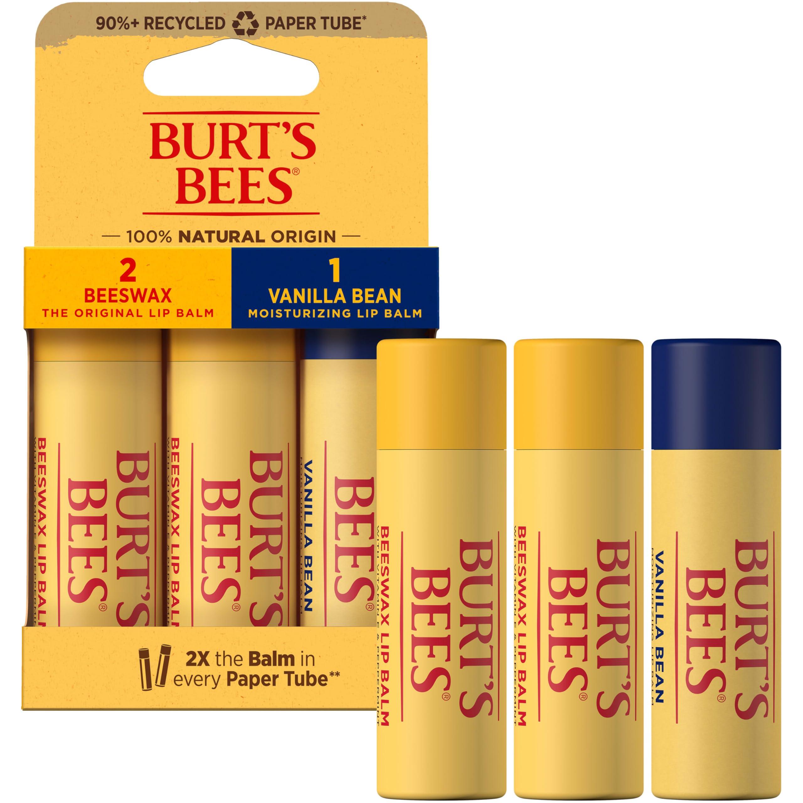 Burt's Bees Burt's Bees Moisturizing Lip Balm, 2 Original Beeswax and 1 Vanilla Bean, 100% Natural Origin, 0.34 Ounce Each, 3 Paper Tubes, Pack May Vary