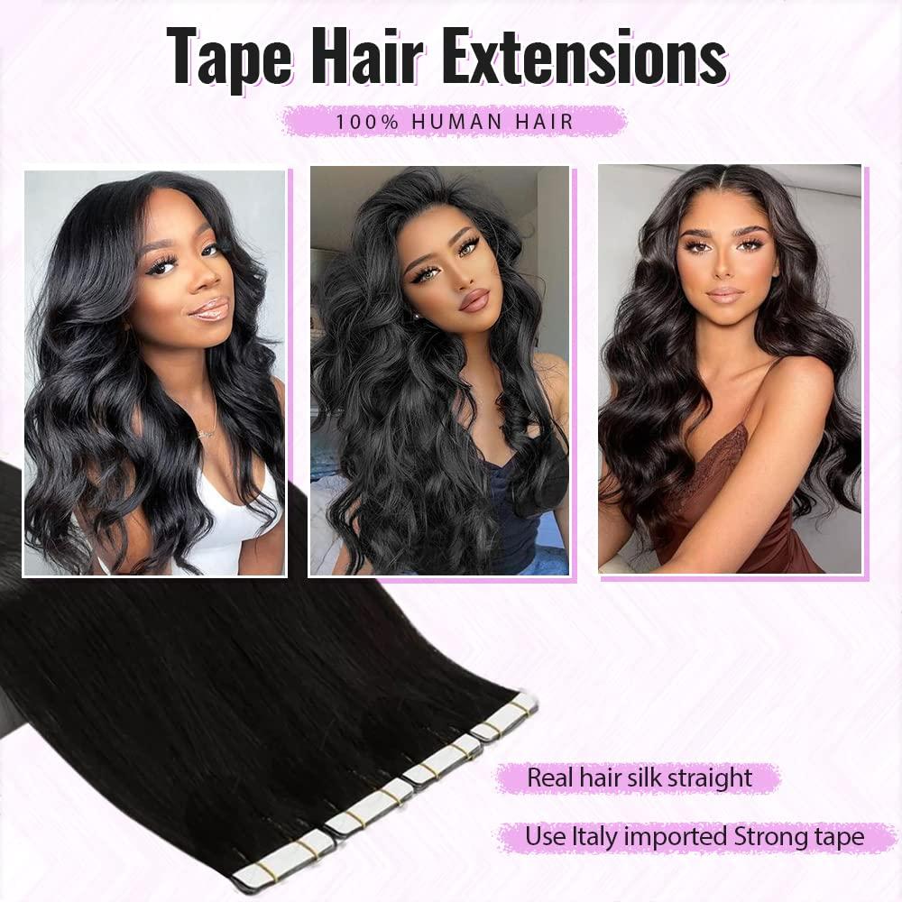 Smartinnov Remy Tape in Hair Extensions for Full Head 40 PCS 100g Natural Black Body Wave Tape in Extension Human Hair for Black Women Reusable Double-Side Seamless Wavy Tape in Hair Extensions 16 Inch