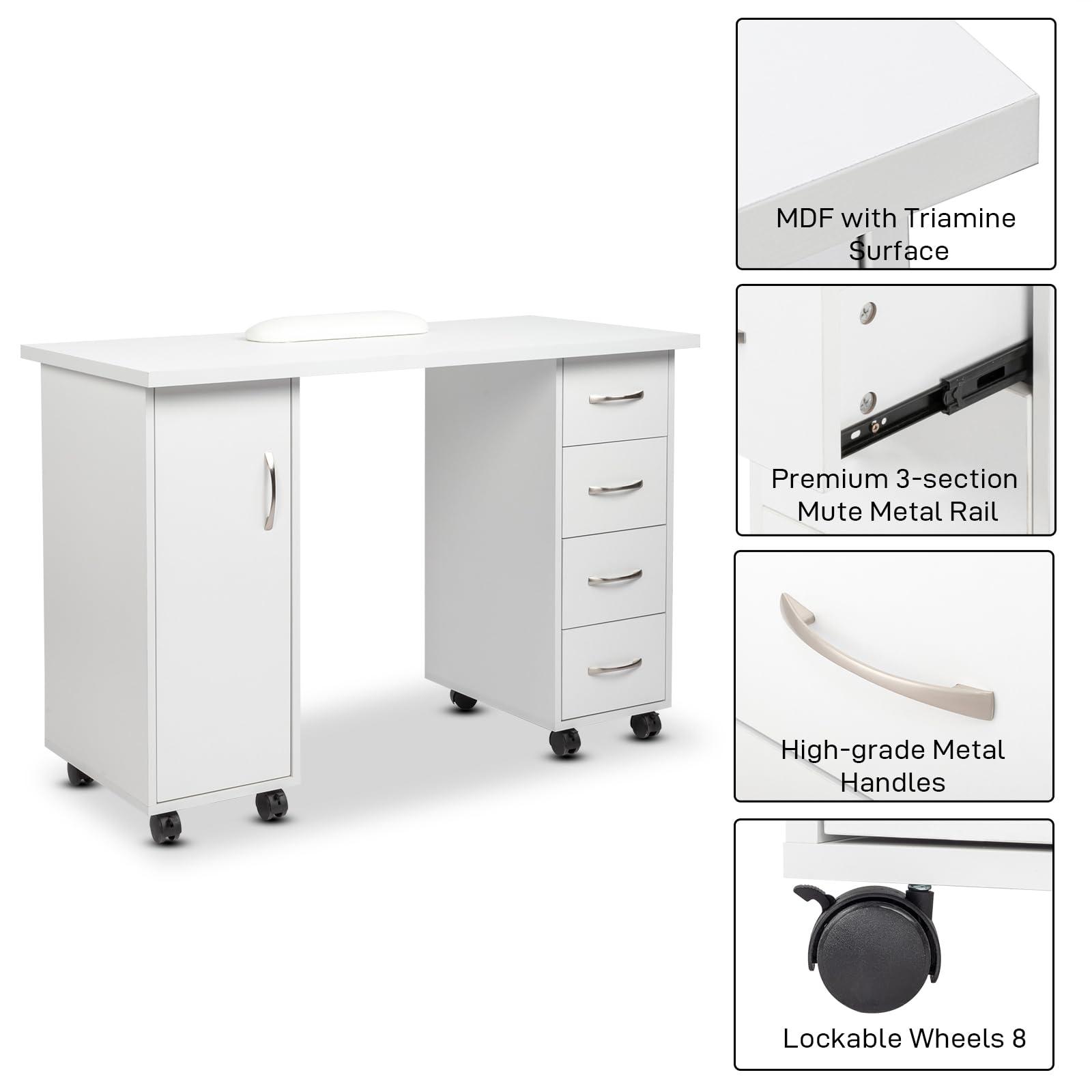Pinikuyiro Pinikuyiro White Modern Nail Tech Workstation, Spa Salon Beauty Home Wooden Manicure Table with Cabinet, Drawers, Wheels & Arm Rest, 43.3"L x 17.7"W x 31.6"H