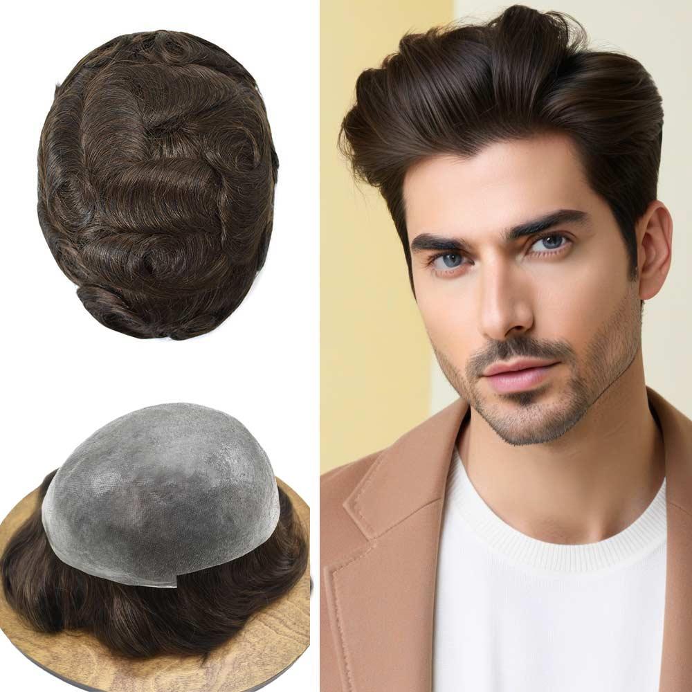 Generic Men\'s Hair Replacement System Human Hairpieces Toupee for Men 0.04-0.06MM Thin Skin PU V-Looped Mens Toupee Men hair Piecce #310 3# DARK BROWN WITH 10% SYNTHETIC GREY