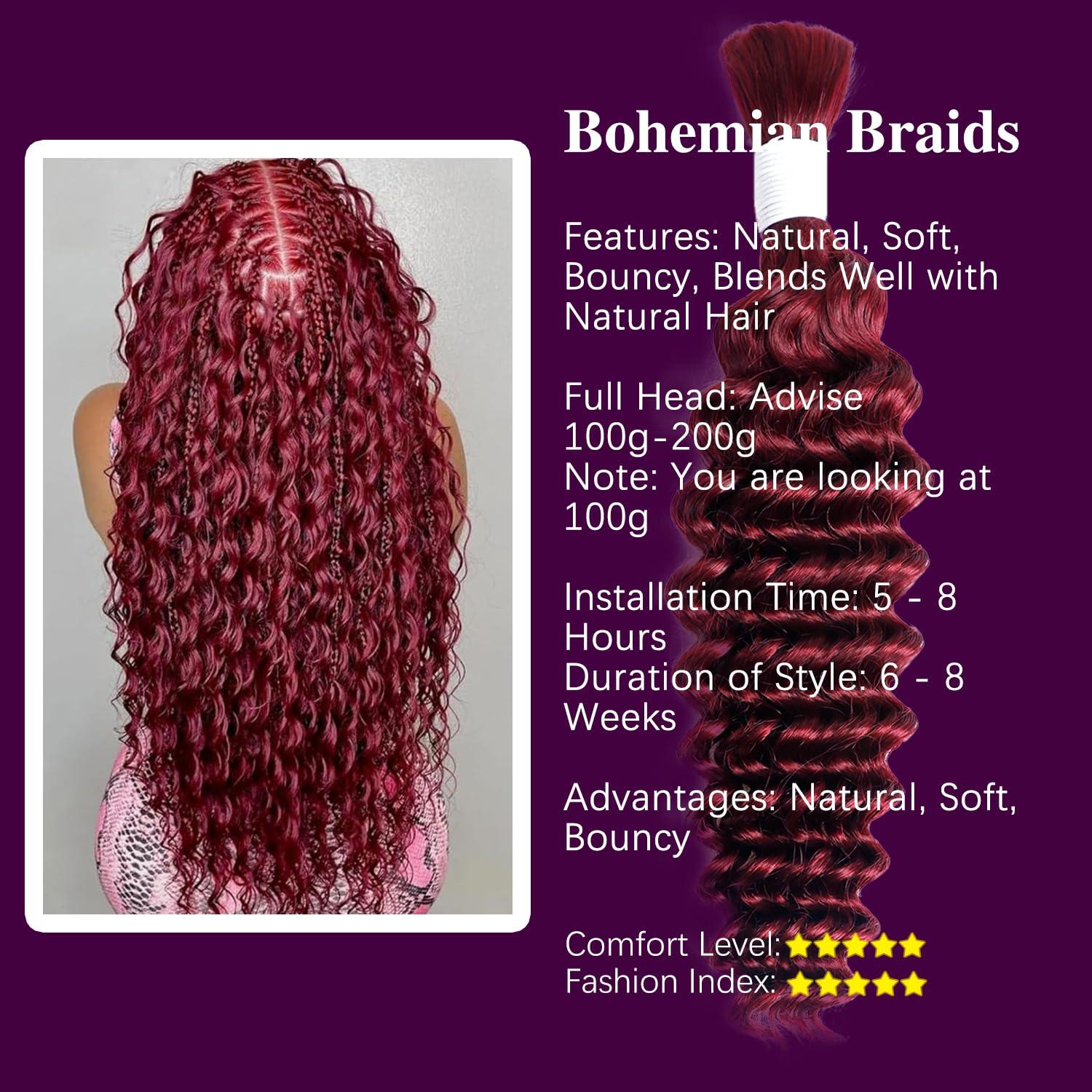 Xagujpo Human Hair Bulk For Braiding 100g/Pack 16 Inch Burgundy Deep Wave Bulk Human Hair For Braiding No Weft 99J Deep Curly Braiding Hair Extensions 100% Human Hair Bulk For Micro Braids Hair