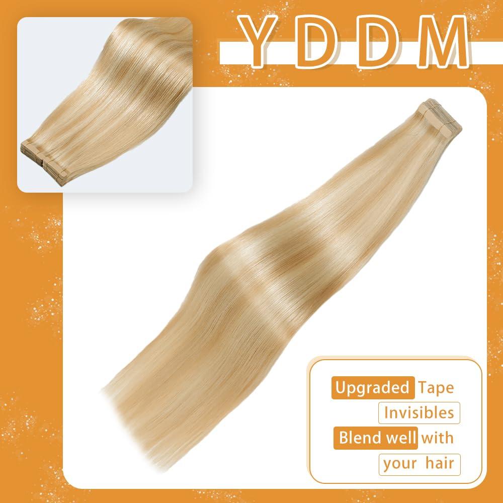 YDDM 20pcs 24 Inch Tape in Hair Extensions Human Hair, Remy Human Hair Extensions Tape in Straight Tape Hair Extensions Skin Tape in Hair Extensions Ash Blonde Highlighted Bleach Blonde(P18/613#, 24 Inch)