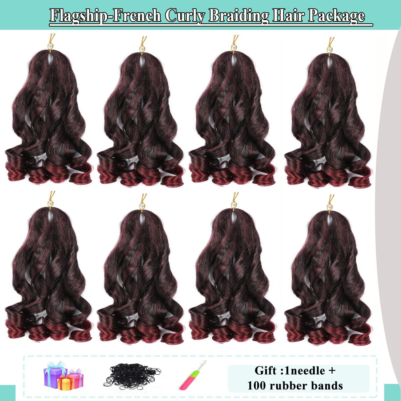 Flagship Burgundy French Curly Braiding Hair 8packs 16 inch Tbug Pre Stretched Curly Ombre Braiding Hair for Goddess Box Braids Hair Dark Red Bounce Curl Loose Wave Crochet Braids for Black Women Extensions