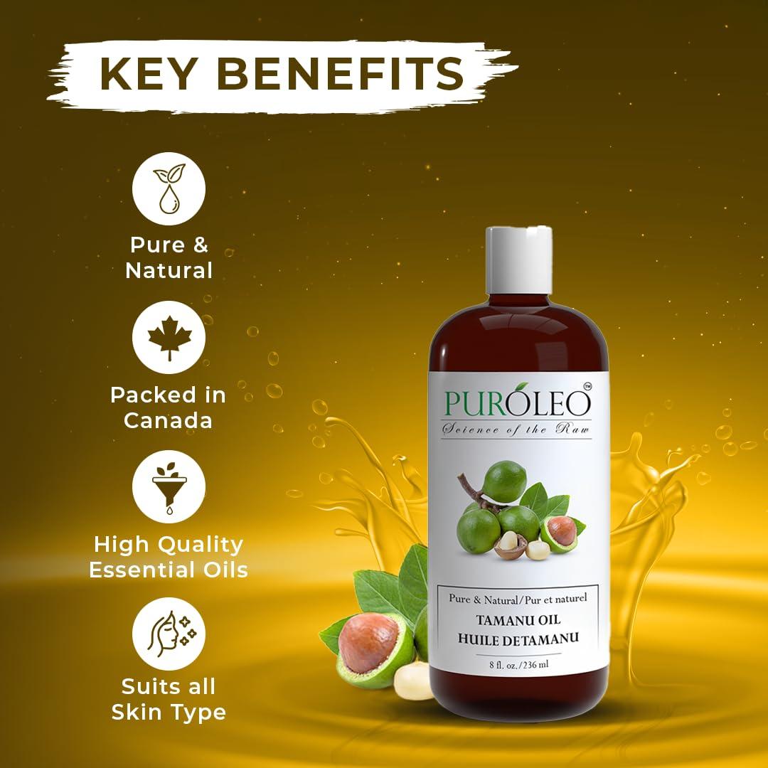PURLEO PUROLEO Tamanu Oil 8 Fl Oz/236 ML (Packed In Canada) 100% Pure Certified | Natural Cold Pressed Unrefined Oil for Hair & Face Premium packaging with Eye Dropper tamanu oil for face skin virgin