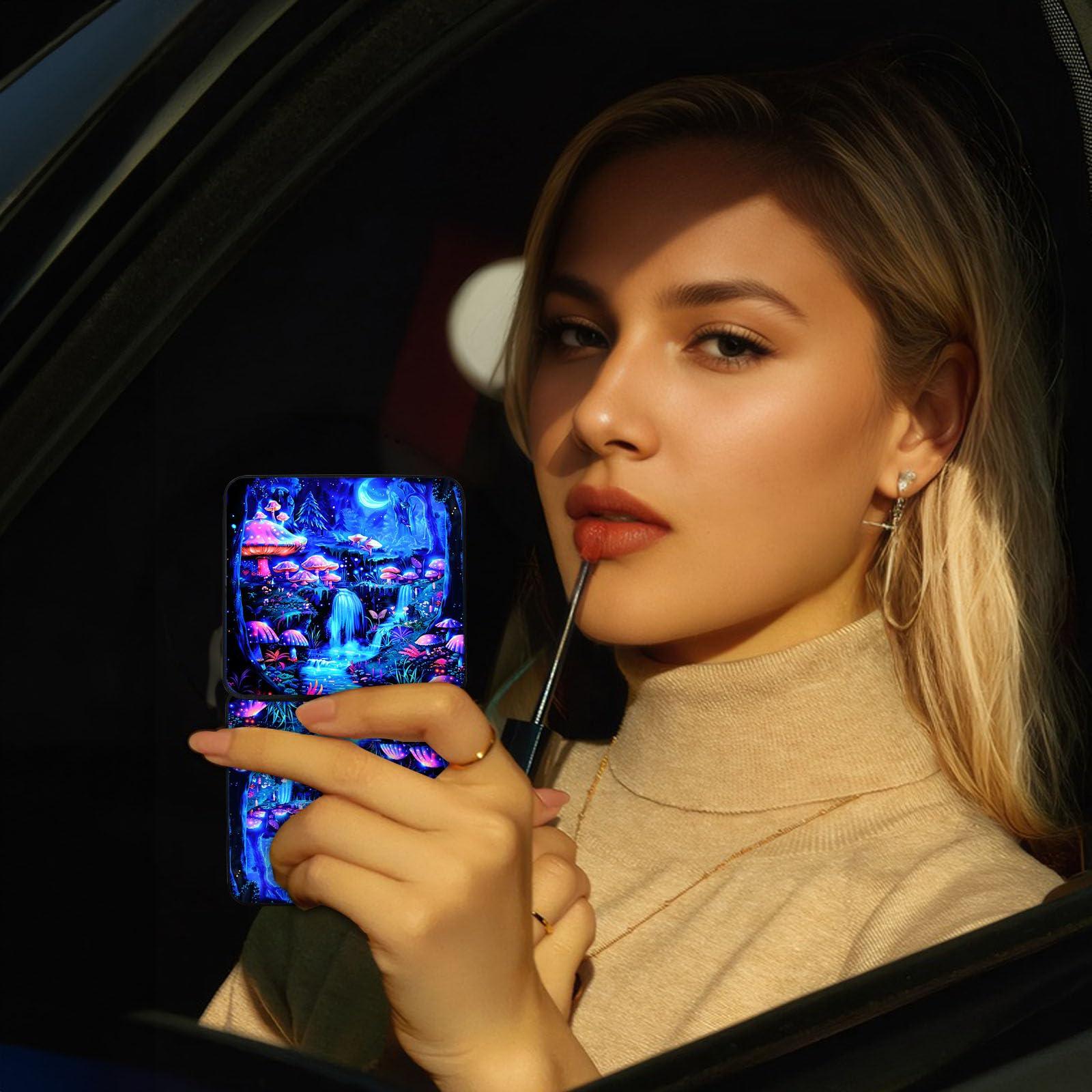 FXIANGWL FXIANGWL Folding Mirror Double Sided Mini Makeup Mirror, Small Makeup Mirror, Portable Mirror for Makeup, 2.8 x 2.29 inch with Black Card Holder(Neon Mushroom)