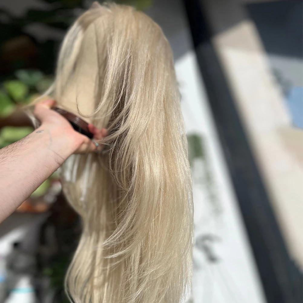 Generic Platinum Champagne Blonde Wig Human Hair Lace Wigs Natural Straight Wig With Preplucked Hairline Full Lace Wigs 18inches#130