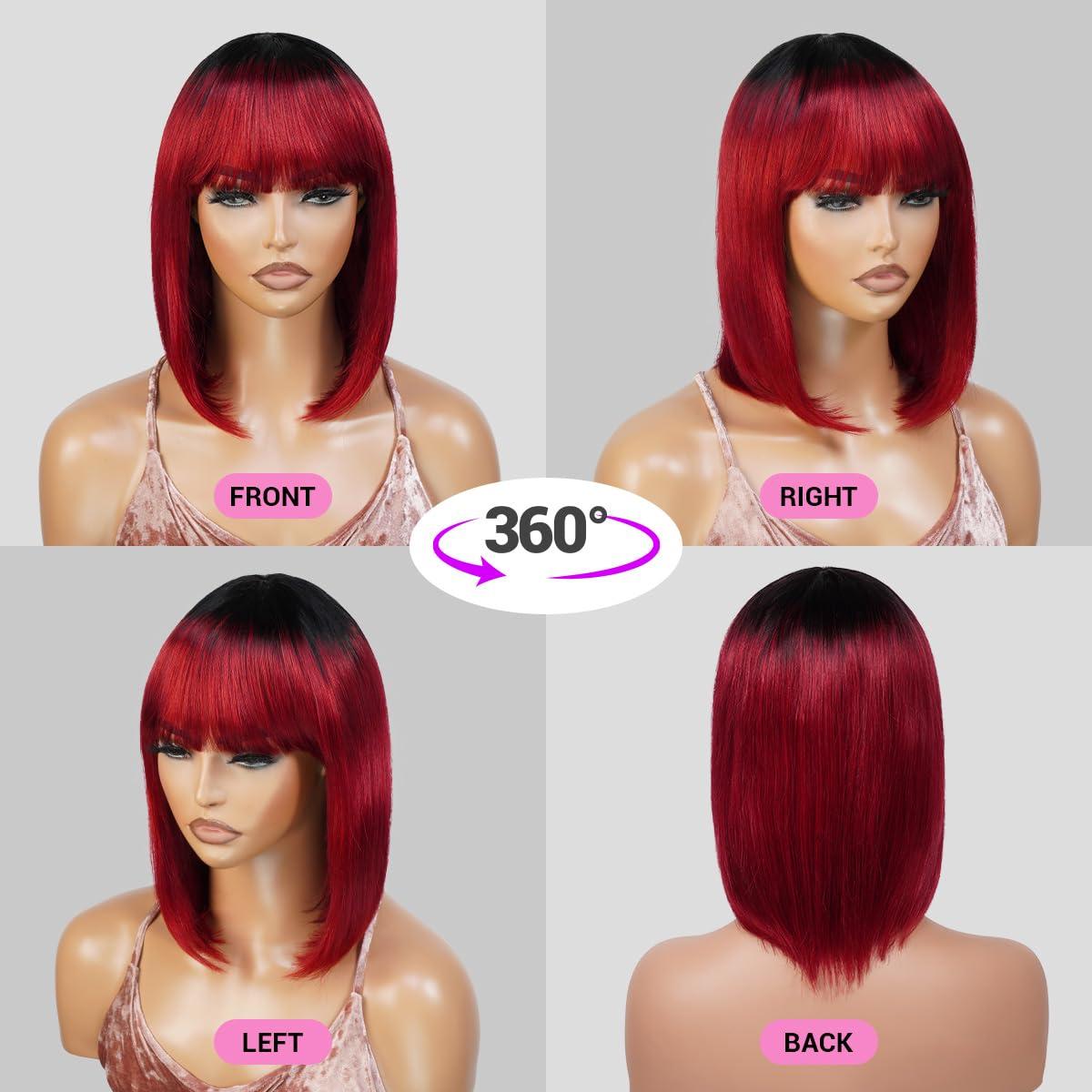 INSTANT FAB INSTANT FAB Medium Bob Wigs Human Hair with China Bangs for Black Women Straight Bob with Bangs Human Hair Non Lace Front Wigs  Spinel (12 inch (1Pack), OT1B/BURG (Ombre tipped offblack burgundy))