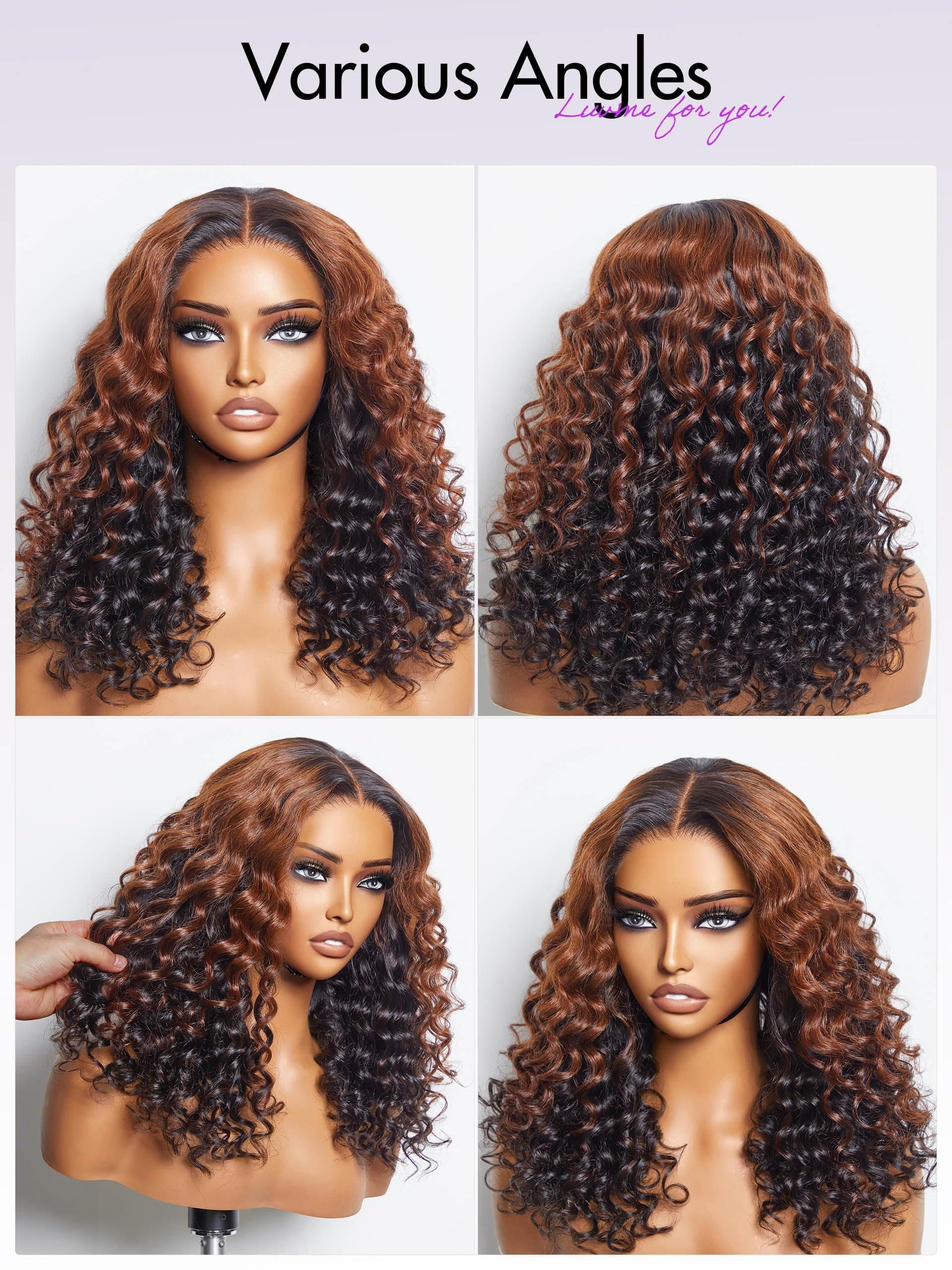 LUVME HAIR LUVME HAIR 18 Inch Black with Brown Highlights Deep Wave Human Hair Wig, Precut Glueless 5x5 Lace Closure Wigs Pre Plucked For Women 180 Density