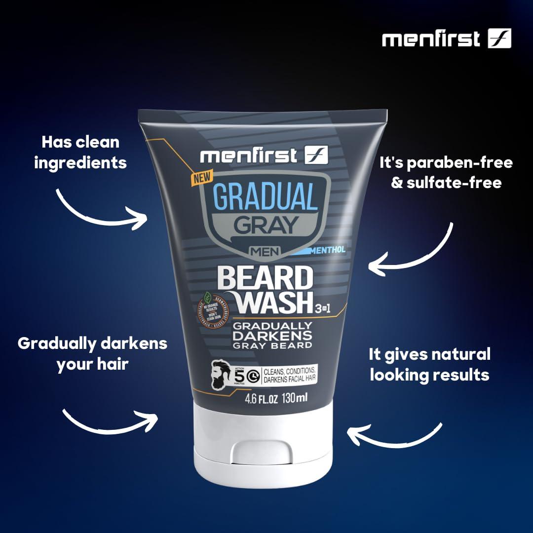 MENFIRST MENFIRST Gradual Gray Darkening Beard Wash for Men - Dark Shades Beard Shampoo - Hypoallergenic, Harsh Chemical-Free, Dermatologist Tested Beard Dye - 4.6 Fl Oz (Pack of 1)