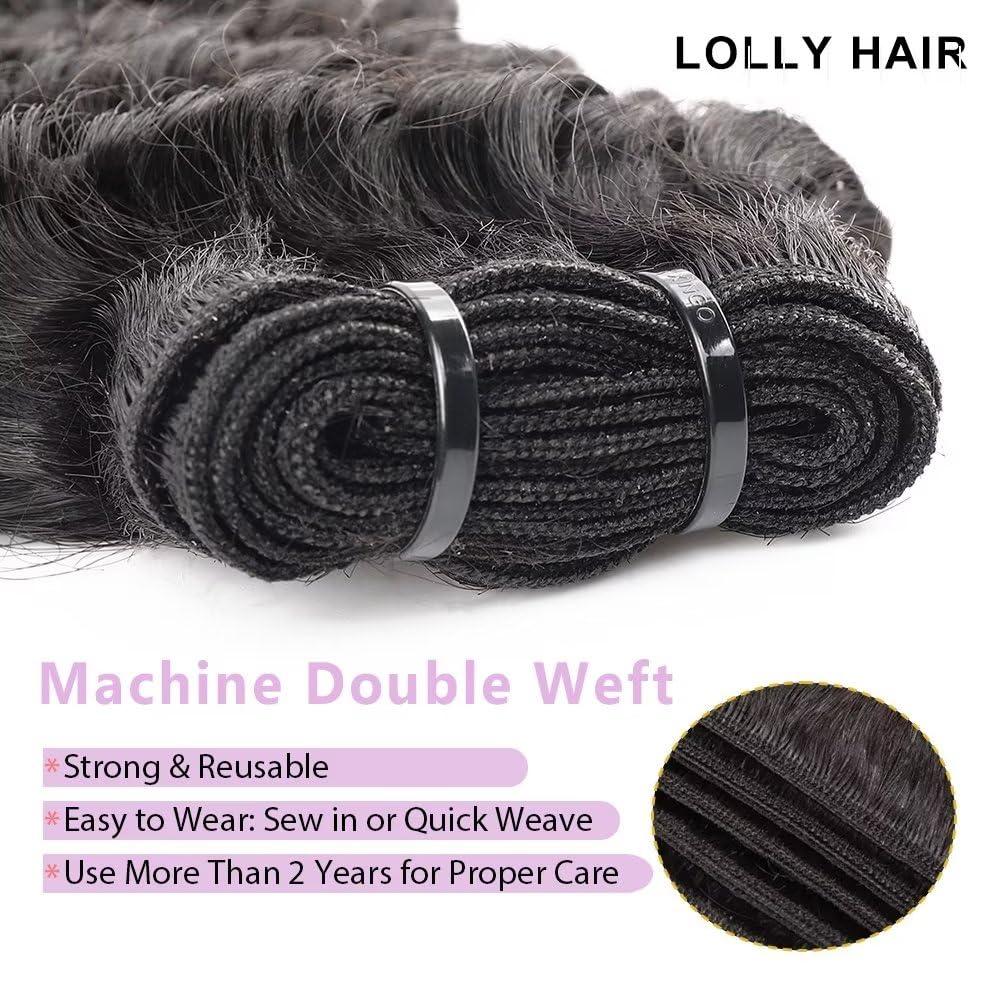 LOLLY HAIR Deep Wave Bundles Human Hair 20 22 24 Inch Water Wave Bundles 100% Unprocessed 10A Brazilian Virgin Human Hair Wet and Wavy Bundles Double Weft Deep Curly Weave 3 Human Hair Bundles Natural Black