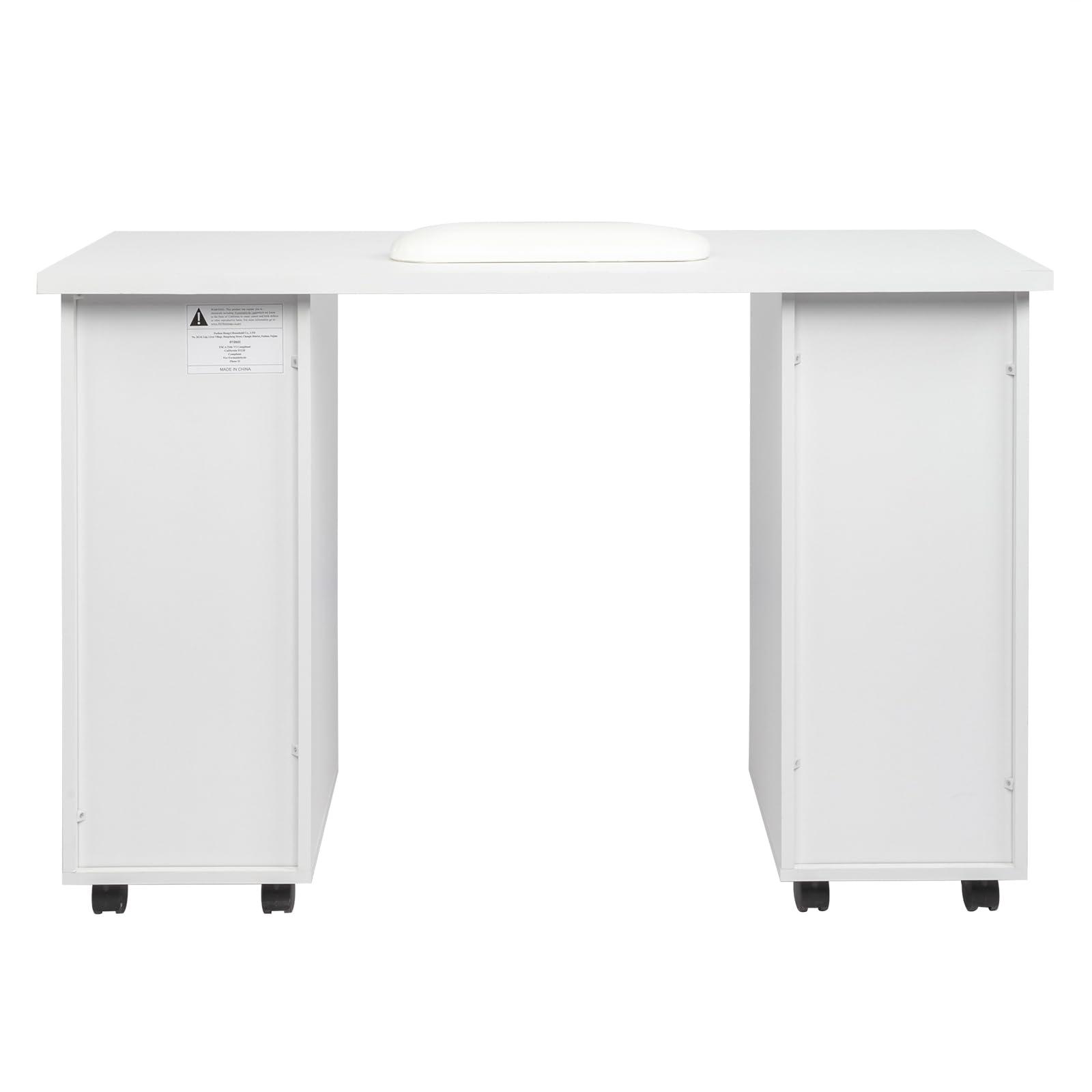 Pinikuyiro Pinikuyiro White Modern Nail Tech Workstation, Spa Salon Beauty Home Wooden Manicure Table with Cabinet, Drawers, Wheels & Arm Rest, 43.3"L x 17.7"W x 31.6"H