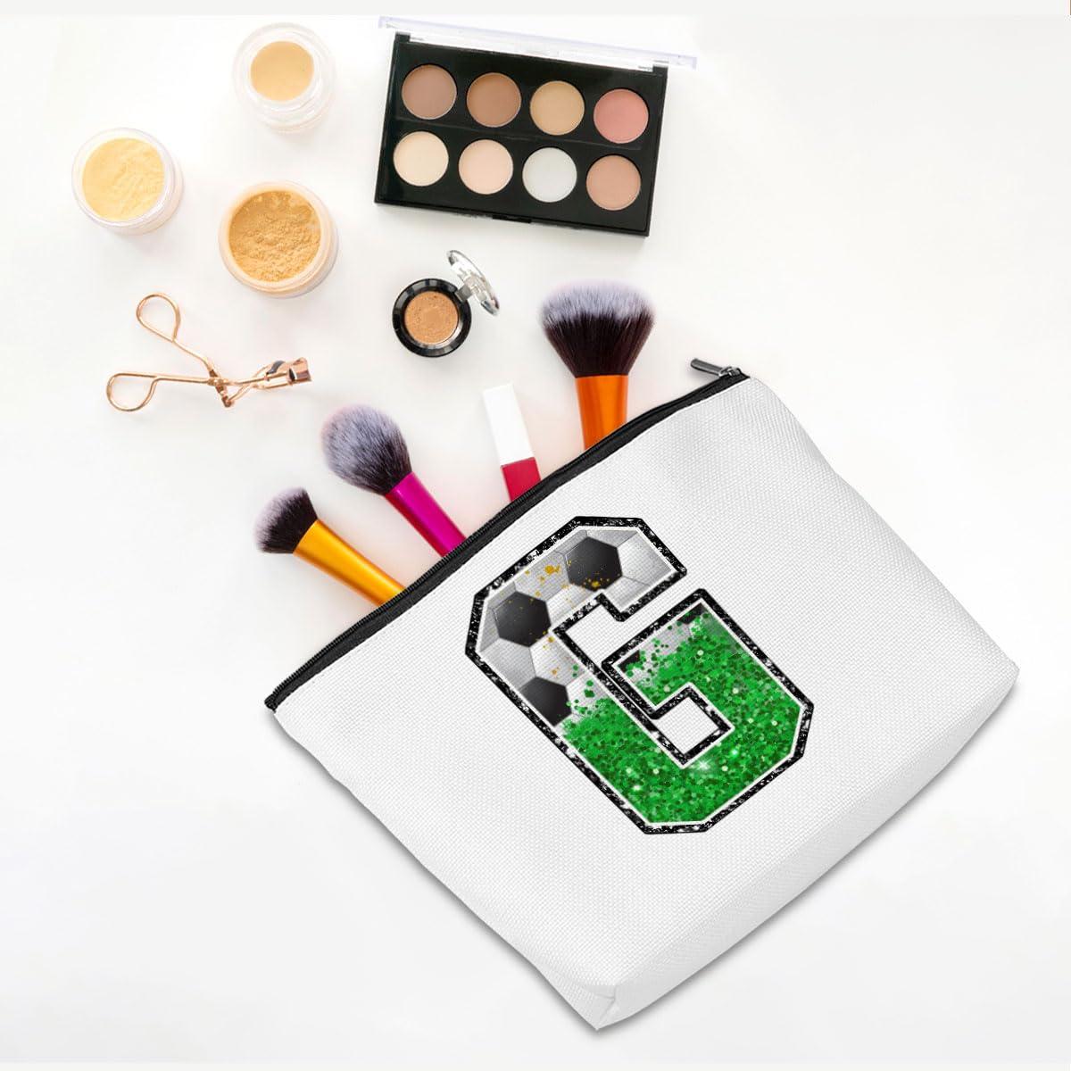 CQM Soccer Gifts Initial Makeup Bag Monogrammed Cosmetic Bag Letter G Zipper Pouch Soccer Accessories for Girls Women Soccer Player Coach Friend Soccer Stuff Graduation Birthday Gifts