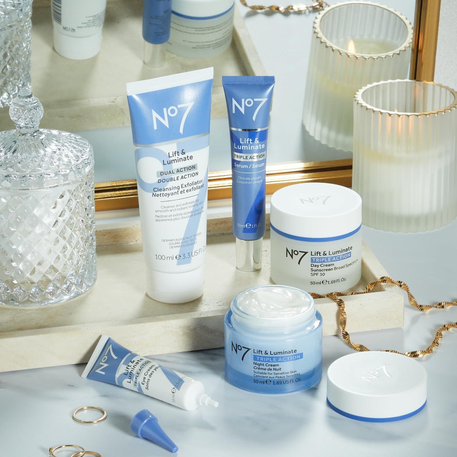 No7 No7 Lift & Luminate Triple Action Skincare Set - Broad Spectrum Anti Aging Day Cream SPF 30 + Vitamin C Wrinkle Serum + Collagen Peptide Brightening Night Cream (3 Piece Kit)